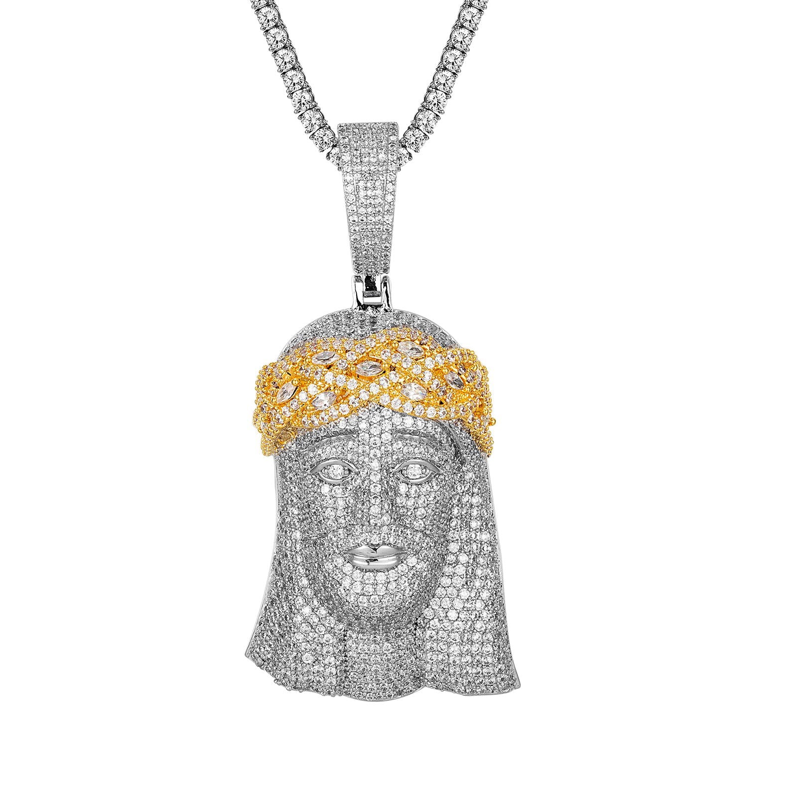 Marquise Stone Jesus Two-Tone Yellow Gold Icy Custom Pendant - Elegant Religious Jewelry for Gifts & Special Occasions