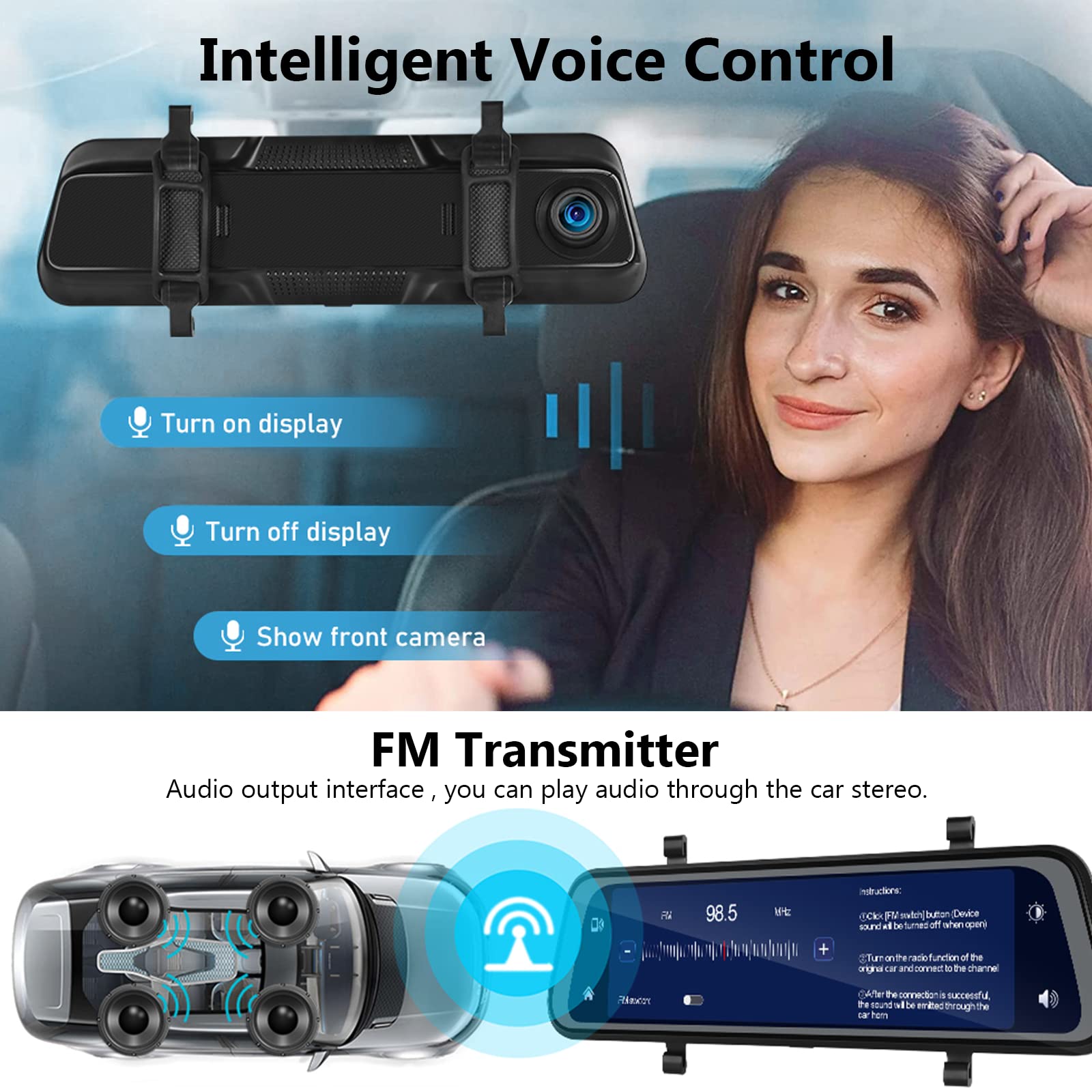 9.66 Inch Wireless Bluetooth Carplay Dash Cam with Rearview Mirror & Reversing Camera - 1080P HD Touch Screen, Night Vision, G-Sensor, 32GB SD Card (140° Front/170° Rear View) - Perfect for Safe Driving, Parking Assistance & Road Trip Recording