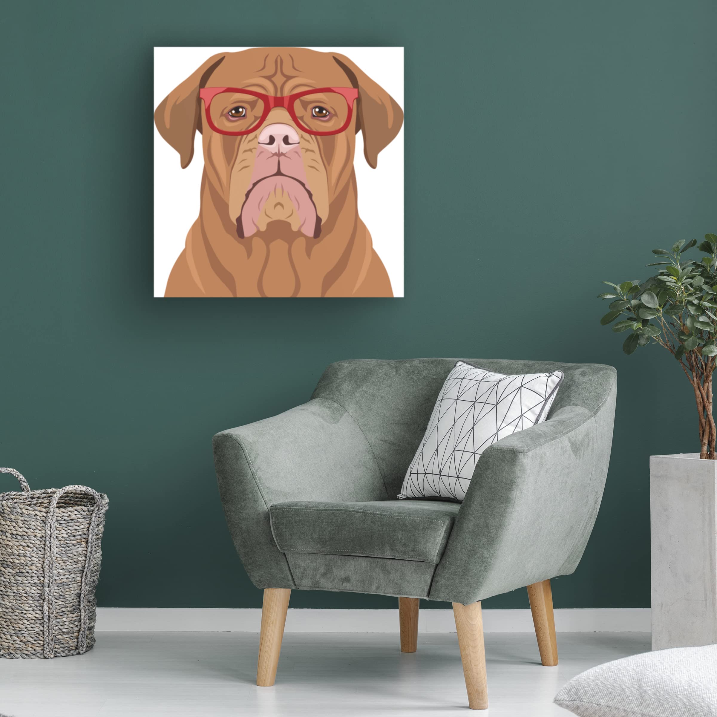 Trademark Fine Art 'Dogue De Bordeaux Wearing Hipster Glasses' Canvas Wall Art Print - Modern Pet Portrait for Living Room, Bedroom & Office Decor