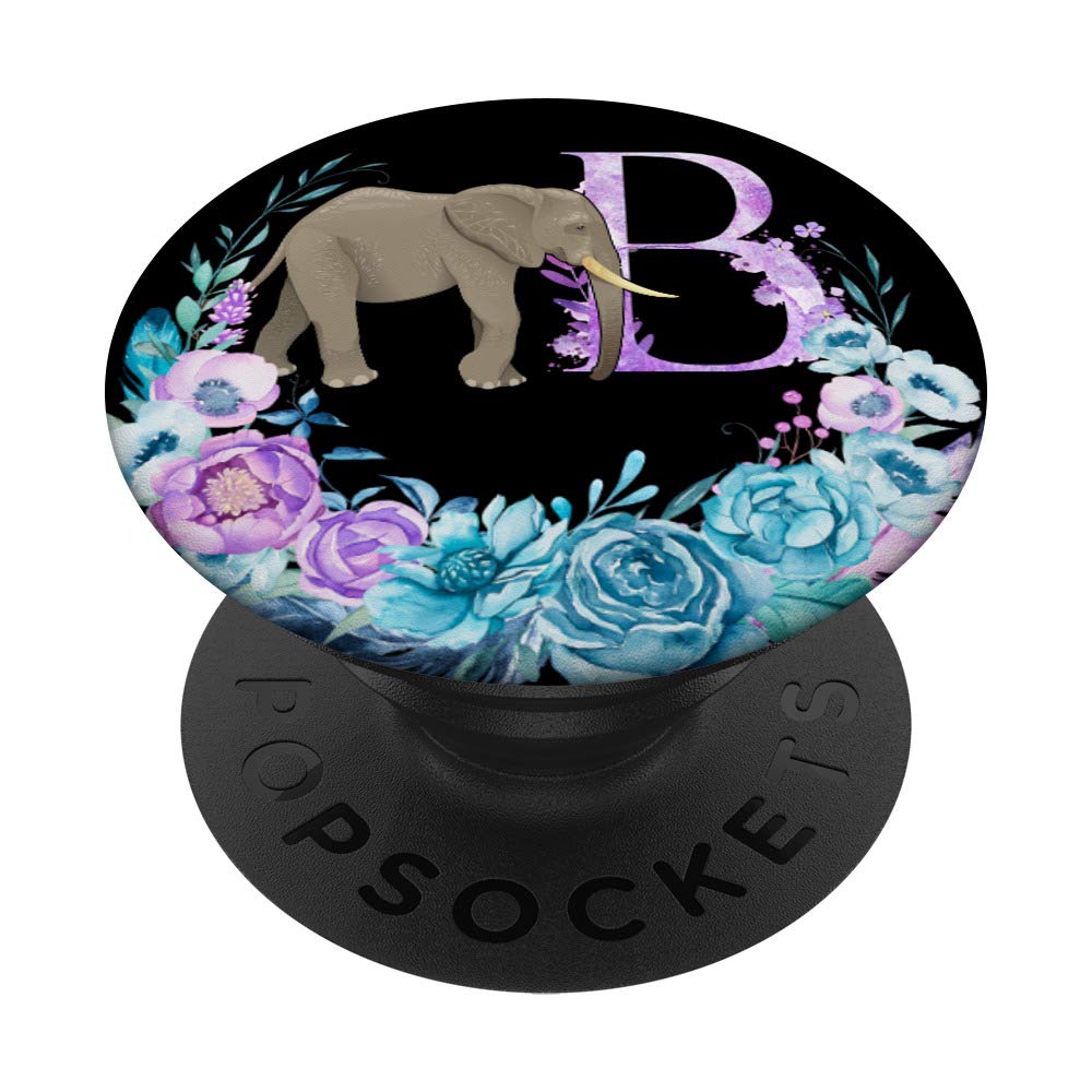 Optimistic Elephant Boho Lilac Flowers Monogram Letter B PopSockets Phone Grip & Stand - Compatible with iPhone, Samsung, iPad & Tablets - Perfect for Home, Office & Travel Use