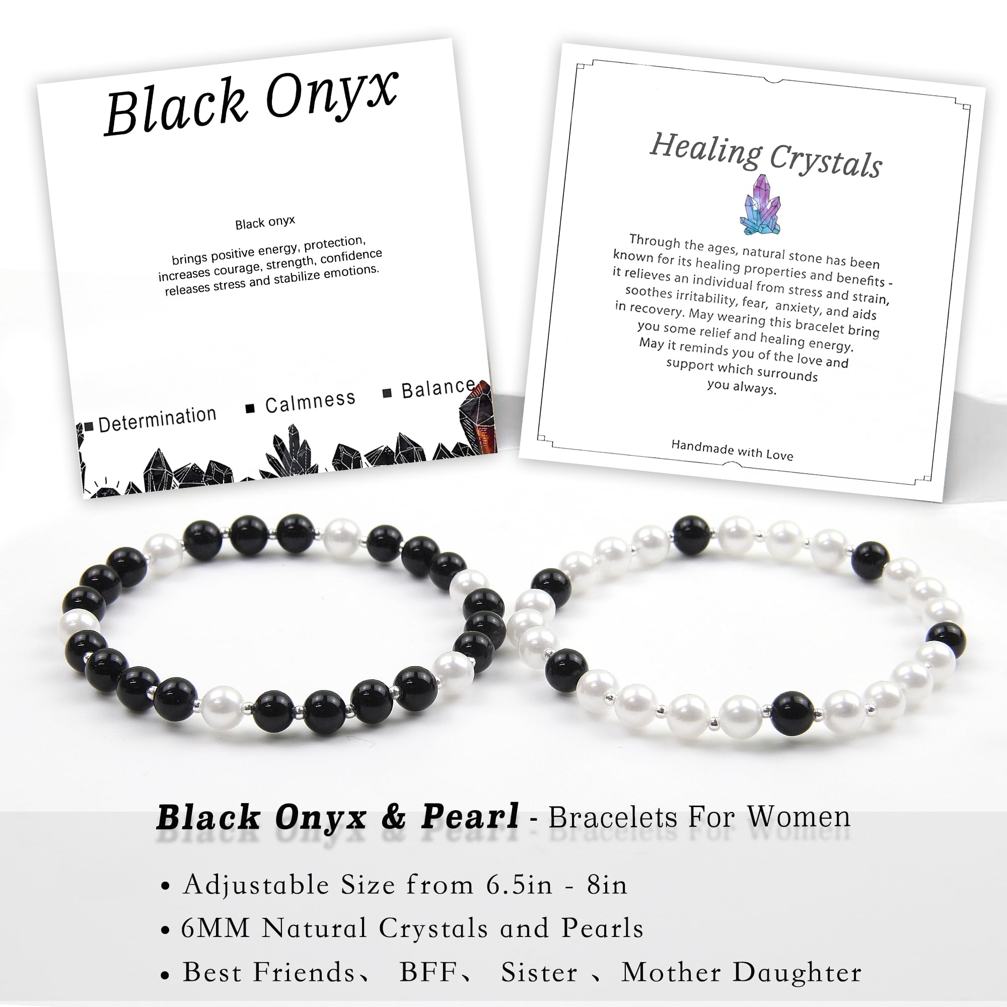 Black Onyx Beaded Bracelet for Women - Best Friend Sister BFF Matching Bracelet Set - Pearl & Onyx Mother Daughter Gift - Friendship Jewelry for Women, Perfect for Birthdays, Anniversaries & Special Occasions