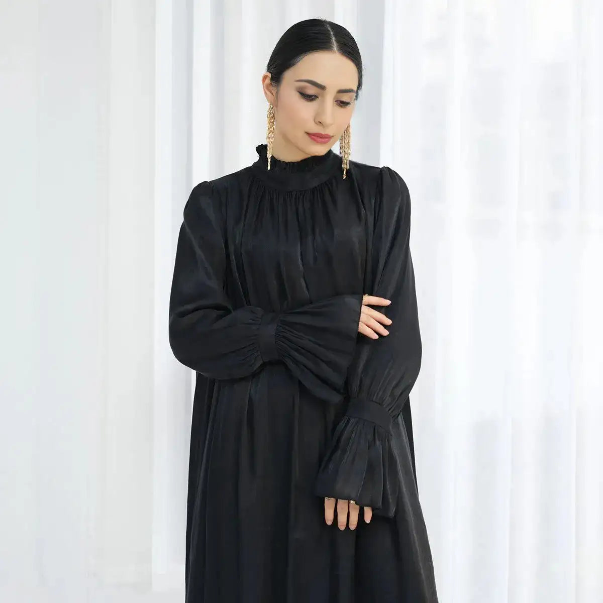 Bell Sleeve Gleam Shiny Abaya Dress for Women - Elegant Muslim Prayer Dress for Eid, Wedding & Special Occasions