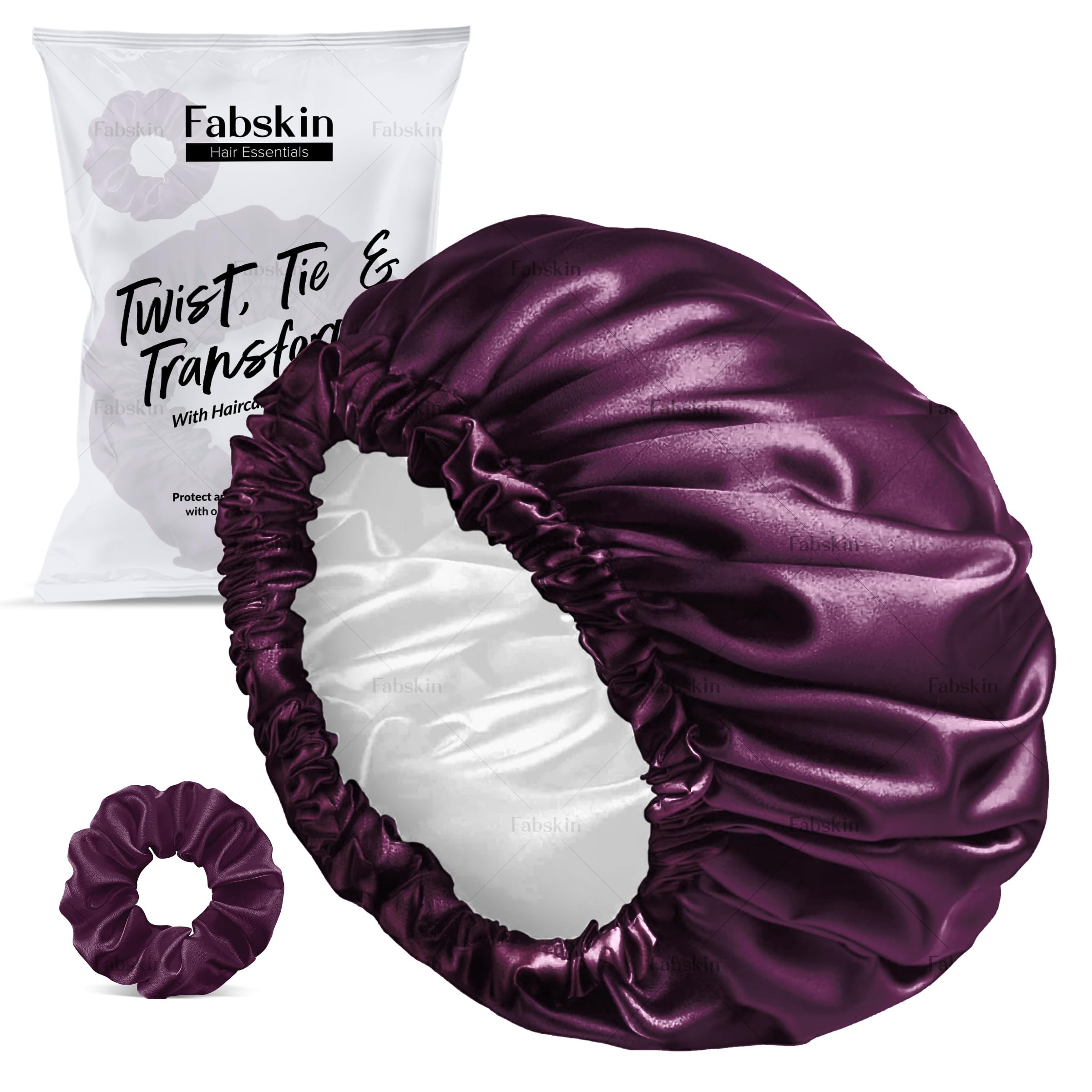 FABSKIN Luxury Satin Silk Hair Bonnet & Scrunchie Set for Sleeping - Soft Bonnet Cap for Women & Girls with Curly, Natural, Braided or All Hair Types (Wine Red) | Perfect for Nighttime Hair Protection & Styling