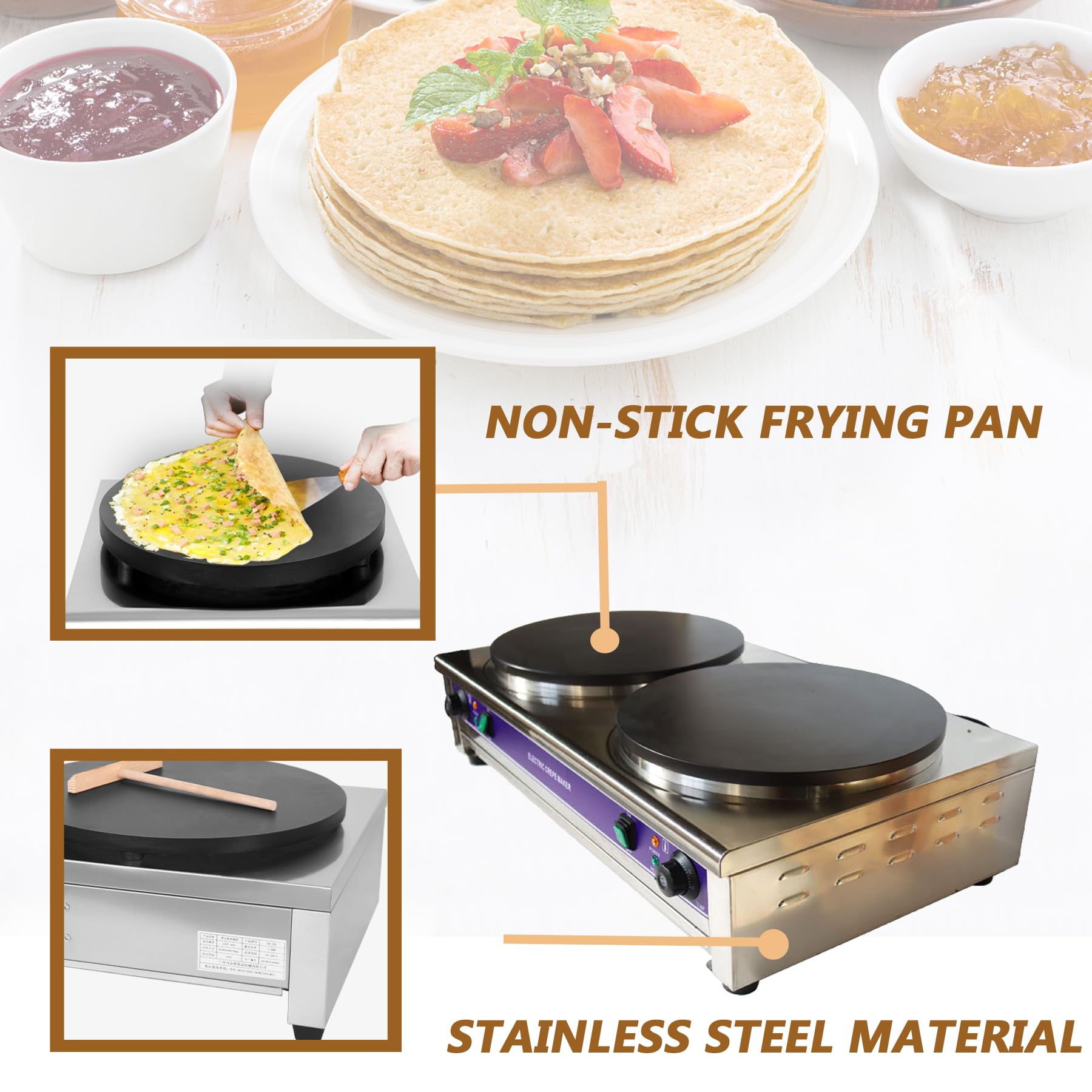 TECHTONGDA 15.7-Inch Commercial Electric Griddle & Crepe Maker - 220V Double Pancake Grill with Non-Stick Surface & Adjustable Temperature - Perfect for Blintzes, Tortillas, Crepes, and Breakfast Cooking