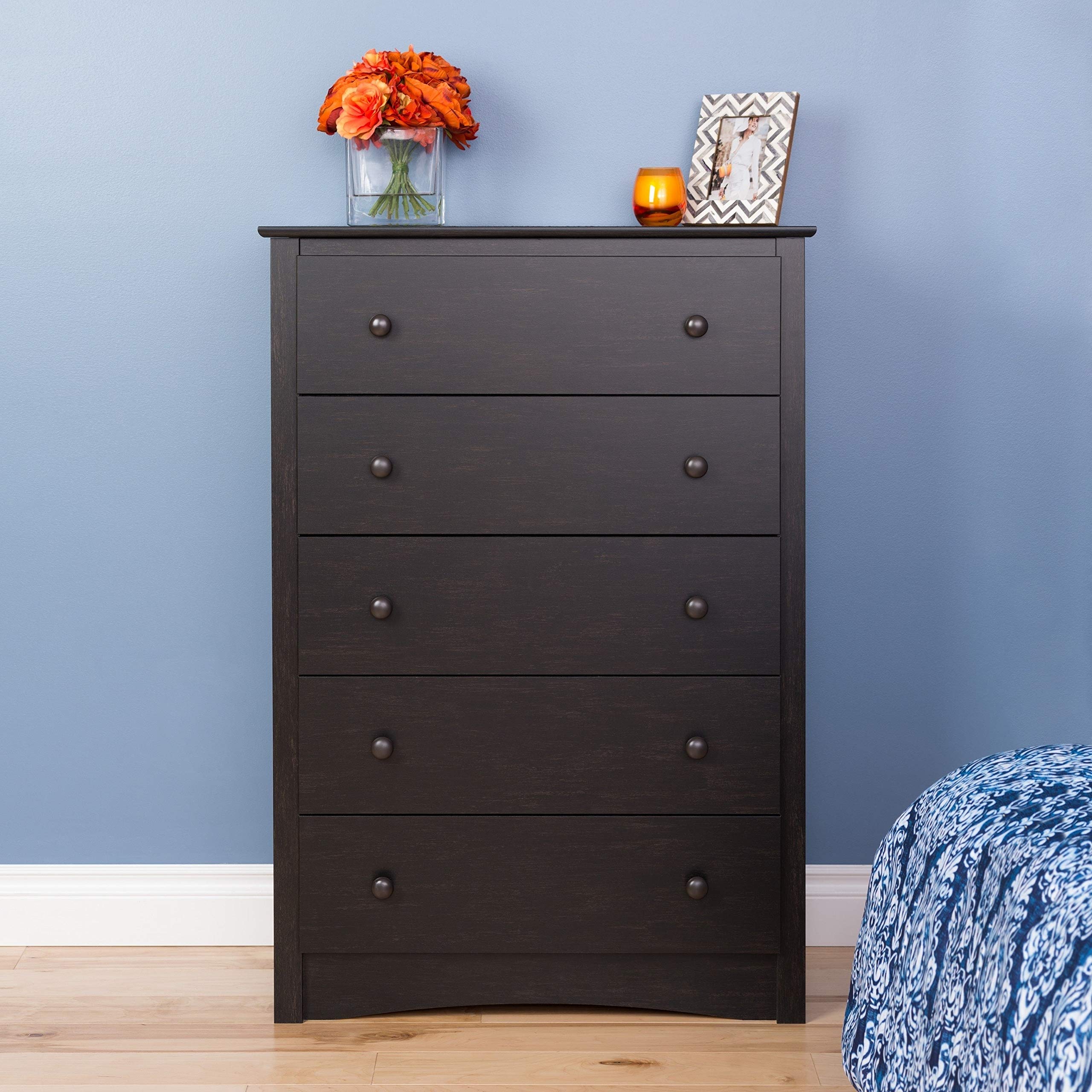 5-Drawer Wooden Chest in Washed Black Finish - Stylish Storage for Bedroom, Living Room, or Office Organization