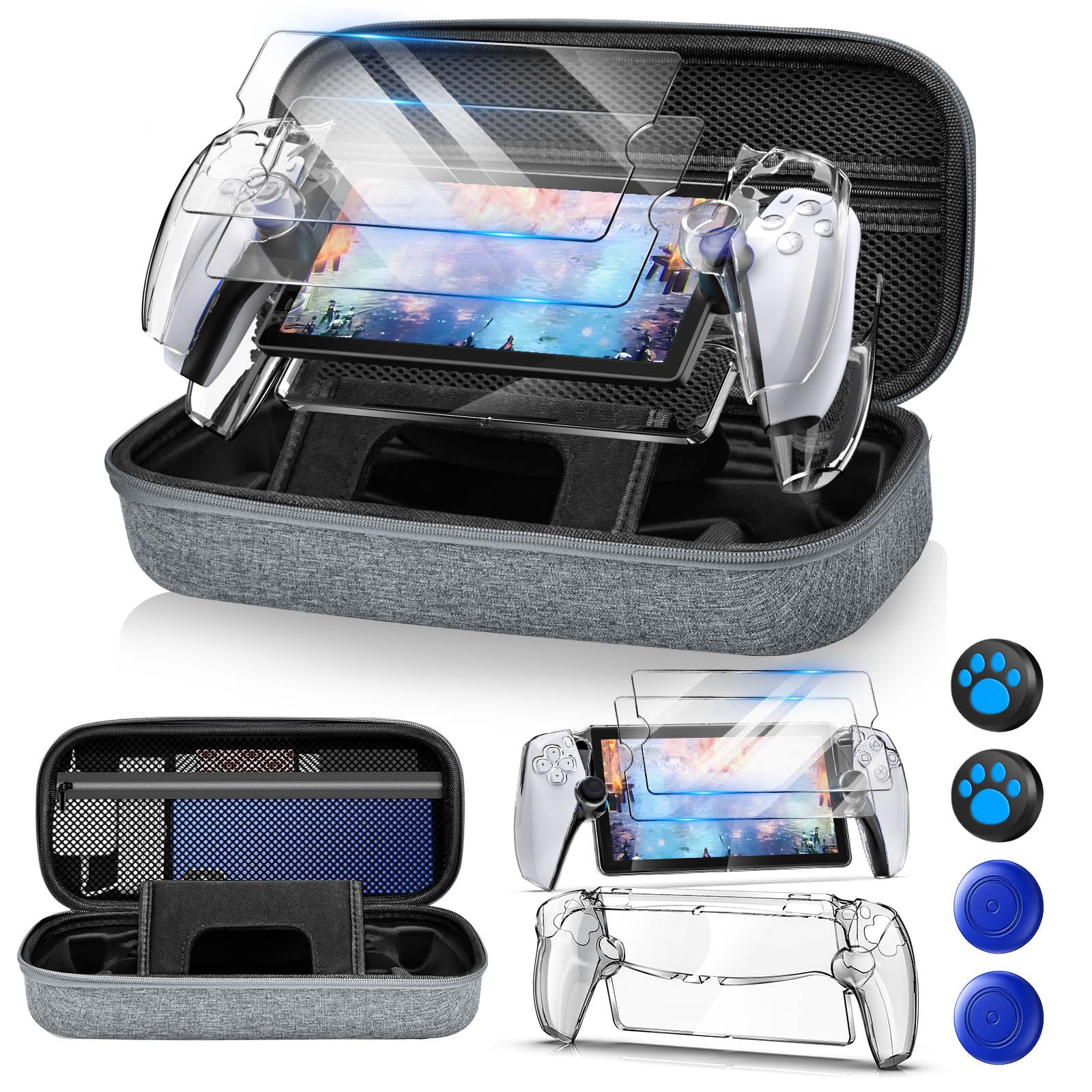 Auarte 12-in-1 Accessories Kit for PlayStation Portal - Hard Protective Carrying Case, Clear Skin Cover for PS5 Portal, 2 Tempered Glass Screen Protectors, 4 Thumb Grips (Light Gray) - Perfect for Travel & Gaming On-The-Go