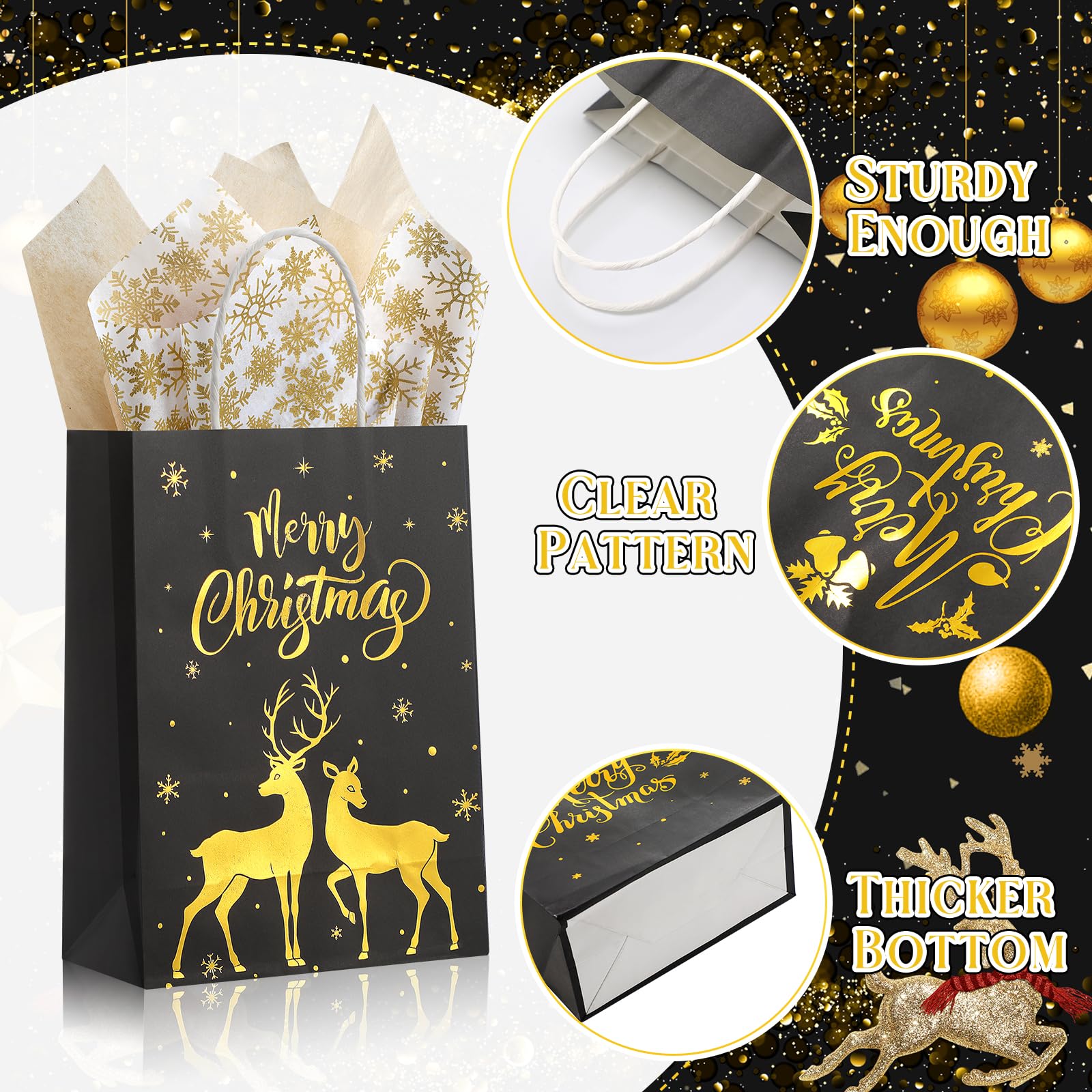 24-Piece Christmas Gift Bags Bulk Set with Snowflake Tissue Paper - 6 Elegant Black & Gold Foil Designs, Small Reusable Party Favor Bags with Handles - Perfect for Holiday Gifting, Xmas Treats, Office Exchanges & Festive Celebrations
