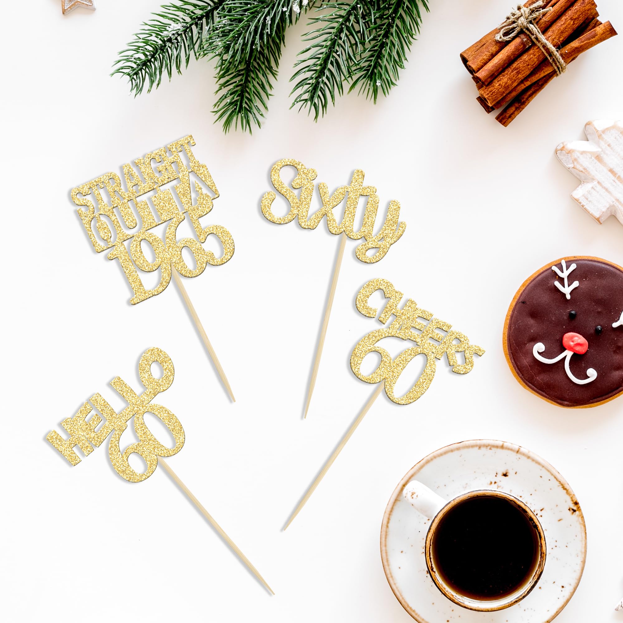 24 Pack Gold Glitter 60th Birthday Cupcake Toppers - Sixty Straight Outta 1965, Hello 60 Cake Decorations for Anniversary Parties, Cheers to 60 Years - Perfect for Milestone Celebrations & Retirement Parties