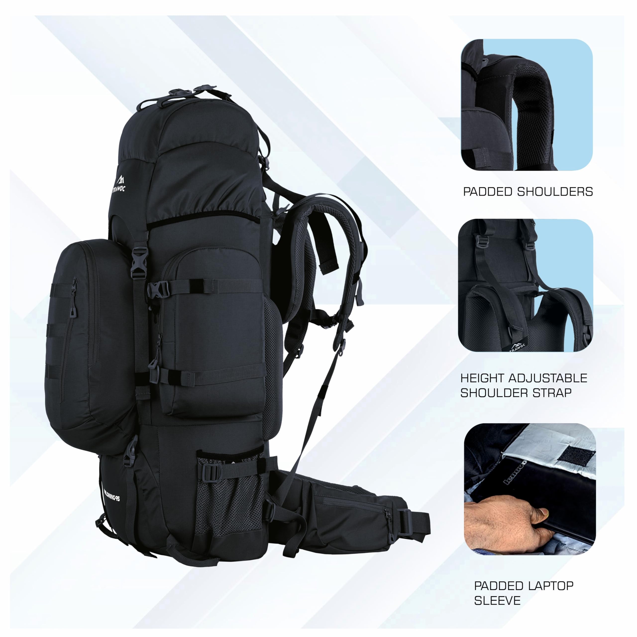 WILDWING 95L Internal Frame Travel Backpack with Detachable Daypack - Lightweight Hiking Backpack for Camping, Trekking & Outdoor Adventures - Durable Men & Women Backpack (Black) - Perfect for Long Trips, Backpacking & Travel Gear