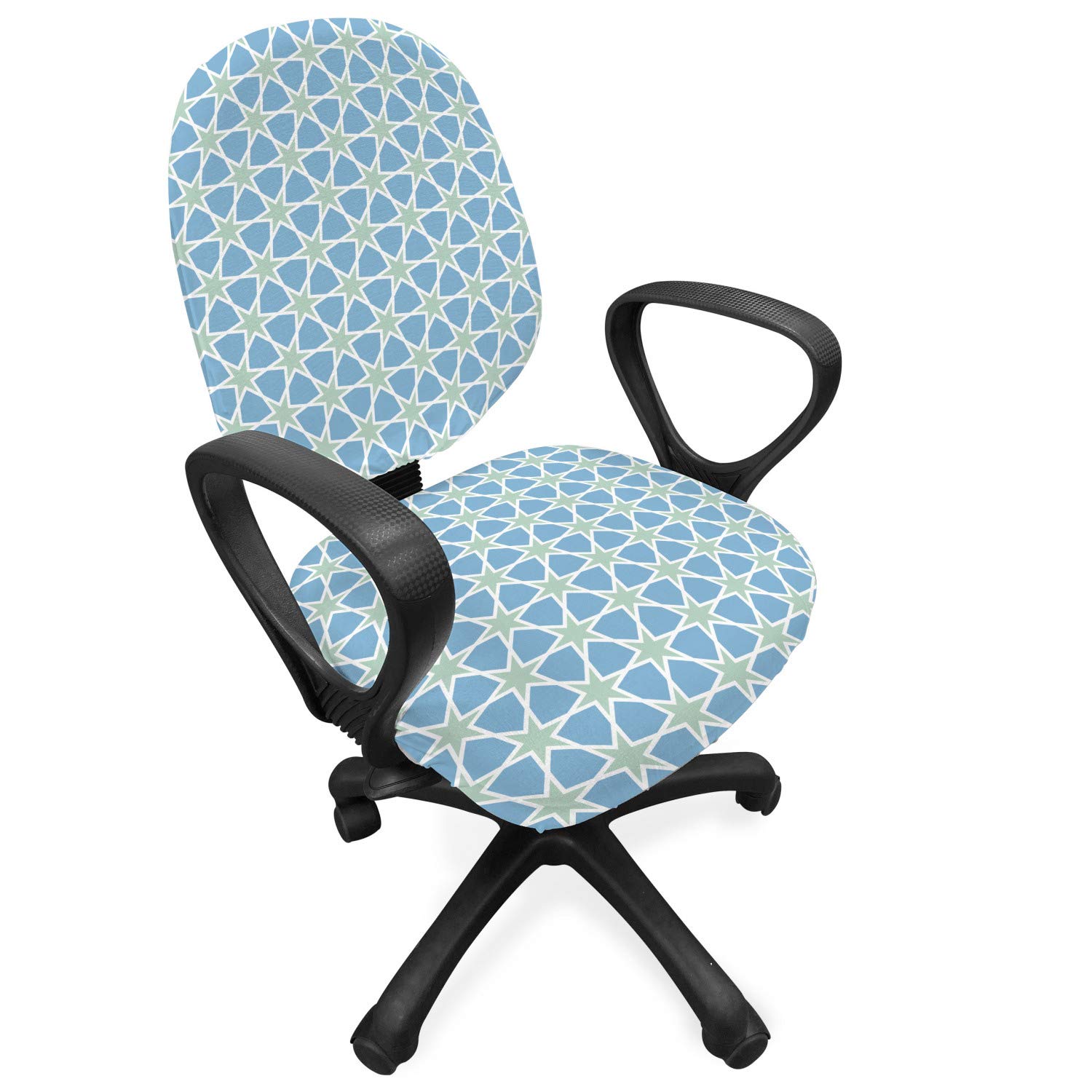 Ambesonne Moroccan Office Chair Slipcover - Mosaic Pattern Zellige Art Stars Design, Stretchable & Washable Fabric Cover, Standard Size (Green Blue White) for Home Office, Living Room, or Study Decor