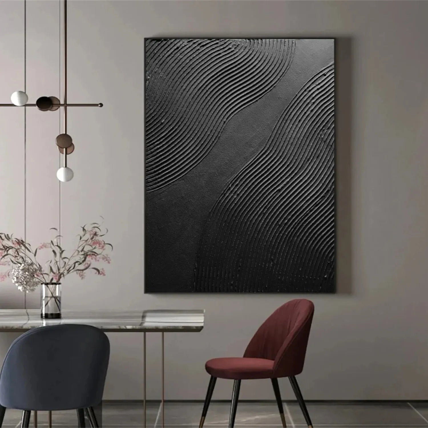 Black Minimalist Textured Painting Canvas #MZ103 - Modern Abstract Wall Art for Living Room, Bedroom & Office Decor