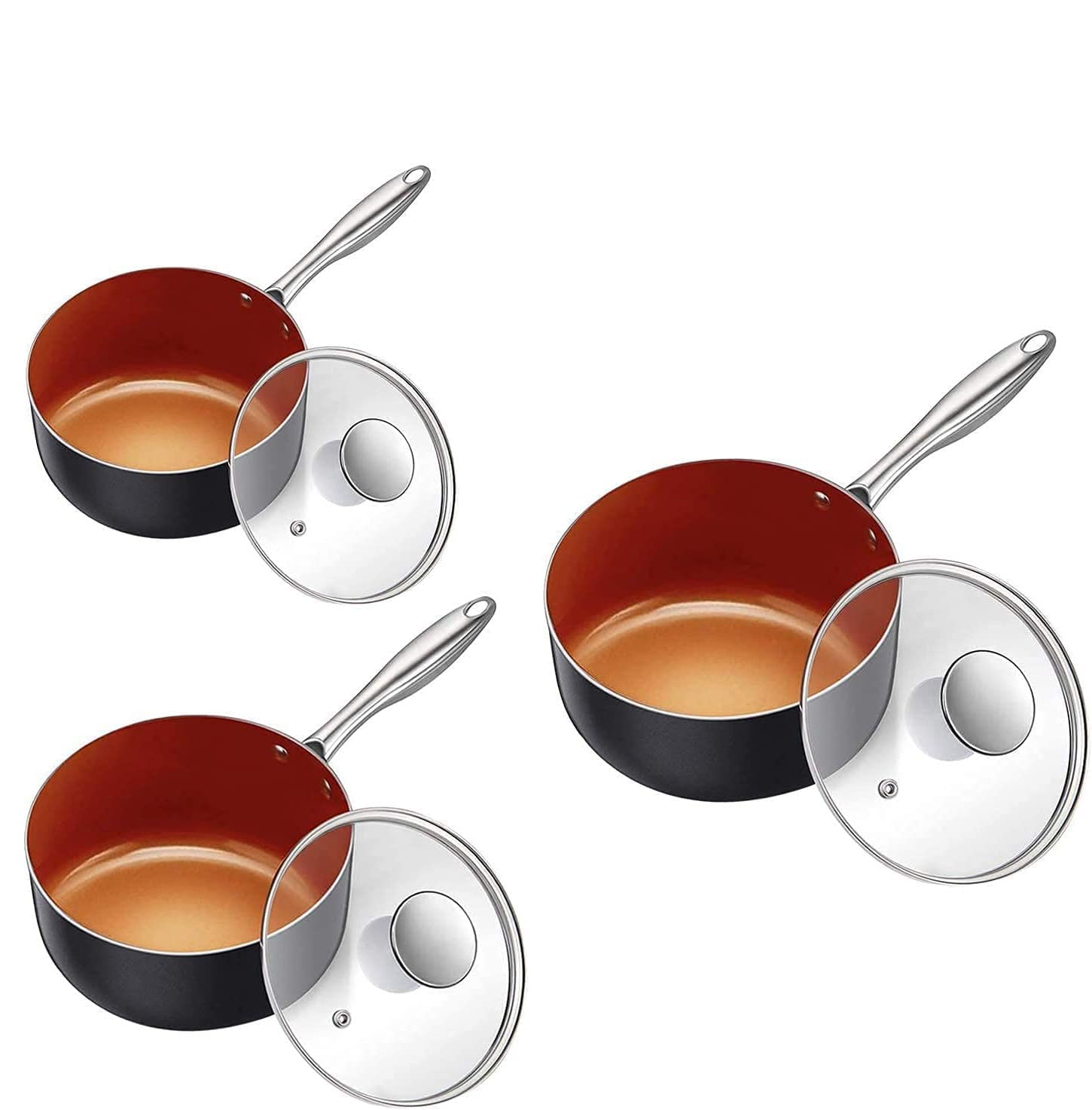 MICHELANGELO Nonstick Saucepan Set with Lid - 1Qt, 2Qt & 3Qt Copper Ceramic Cookware Pots - Perfect for Boiling, Simmering & Sauce Making in Modern Kitchens