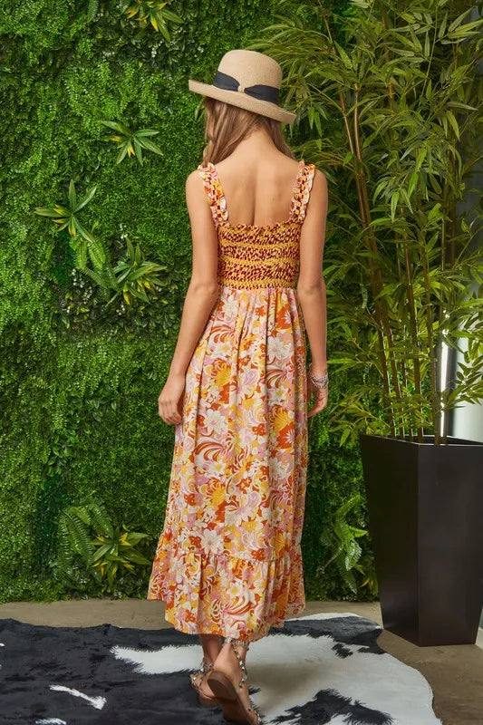 Geo Ruffle Strappy Midi Beach Dress - Floral Print Summer Sundress for Women | Perfect for Vacations, Pool Parties & Tropical Getaways