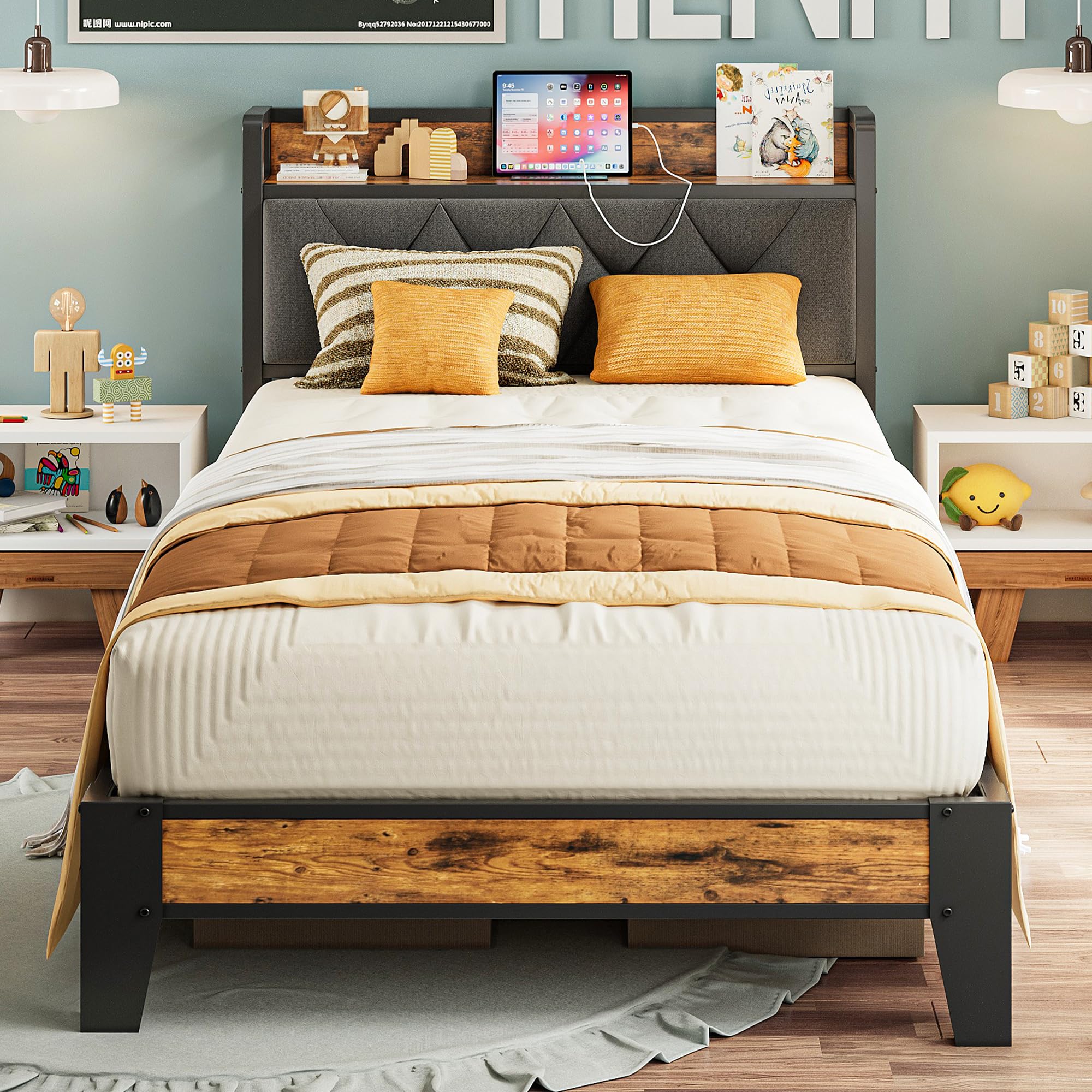 ANCTOR Twin XL Bed Frame with Storage Headboard & USB Outlets - Easy Assembly, Sturdy Metal Platform Bed, No Box Spring Needed - Ideal for Small Spaces, Dorms & Guest Rooms