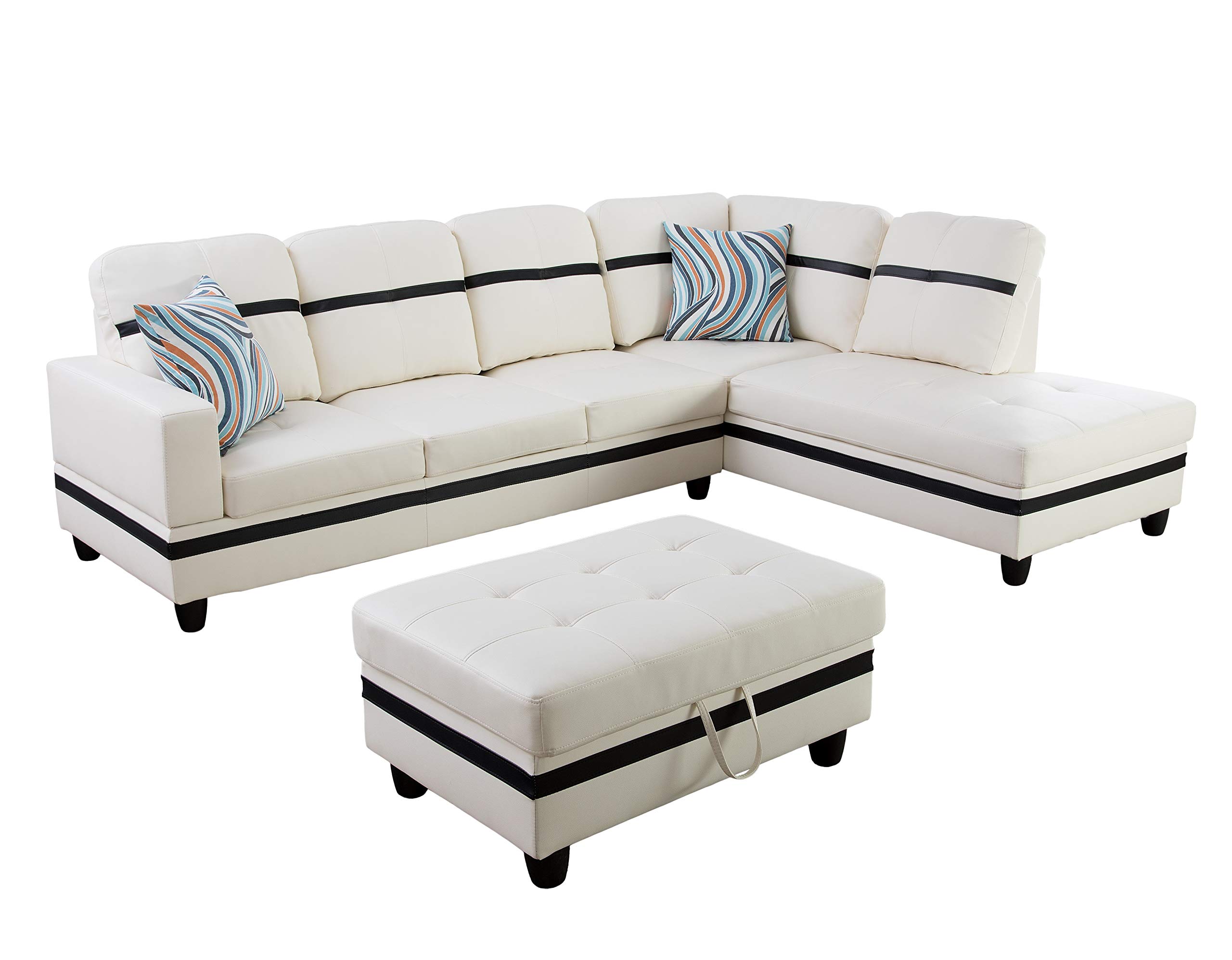 3-Piece Modern Sectional Sofa with Chaise & Storage Ottoman - Faux Leather Living Room Couch with Memory Foam Cushions & Throw Pillows - Right-Facing White Sofa Set for Small Spaces, Apartments & Cozy Family Gatherings