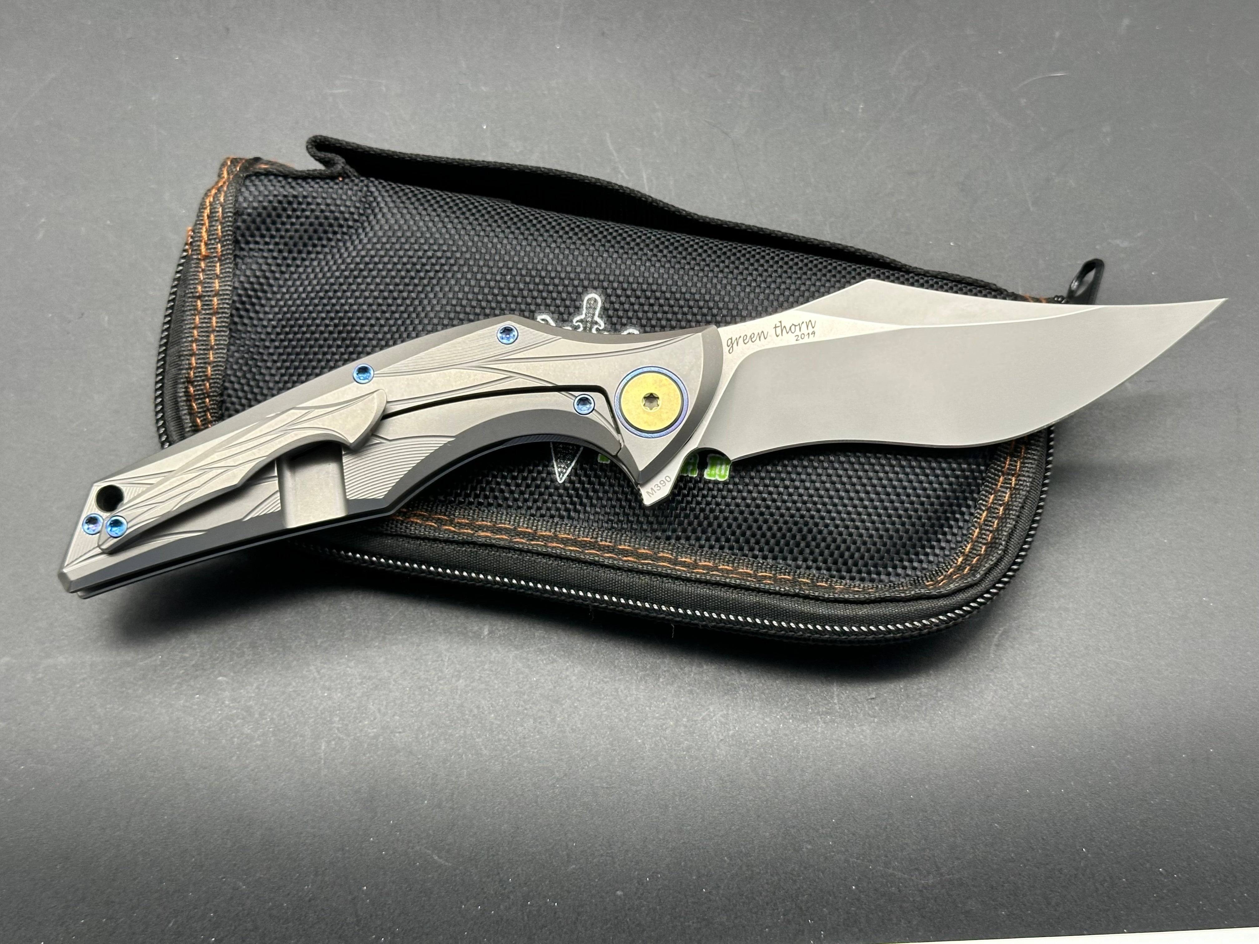 Green Thorn Talon Folding Knife - Grey Milled Titanium Frame, Custom Anodized Hardware, Upswept Blade, Stonewash M390 Steel - EDC, Outdoor, Camping, Survival Gear