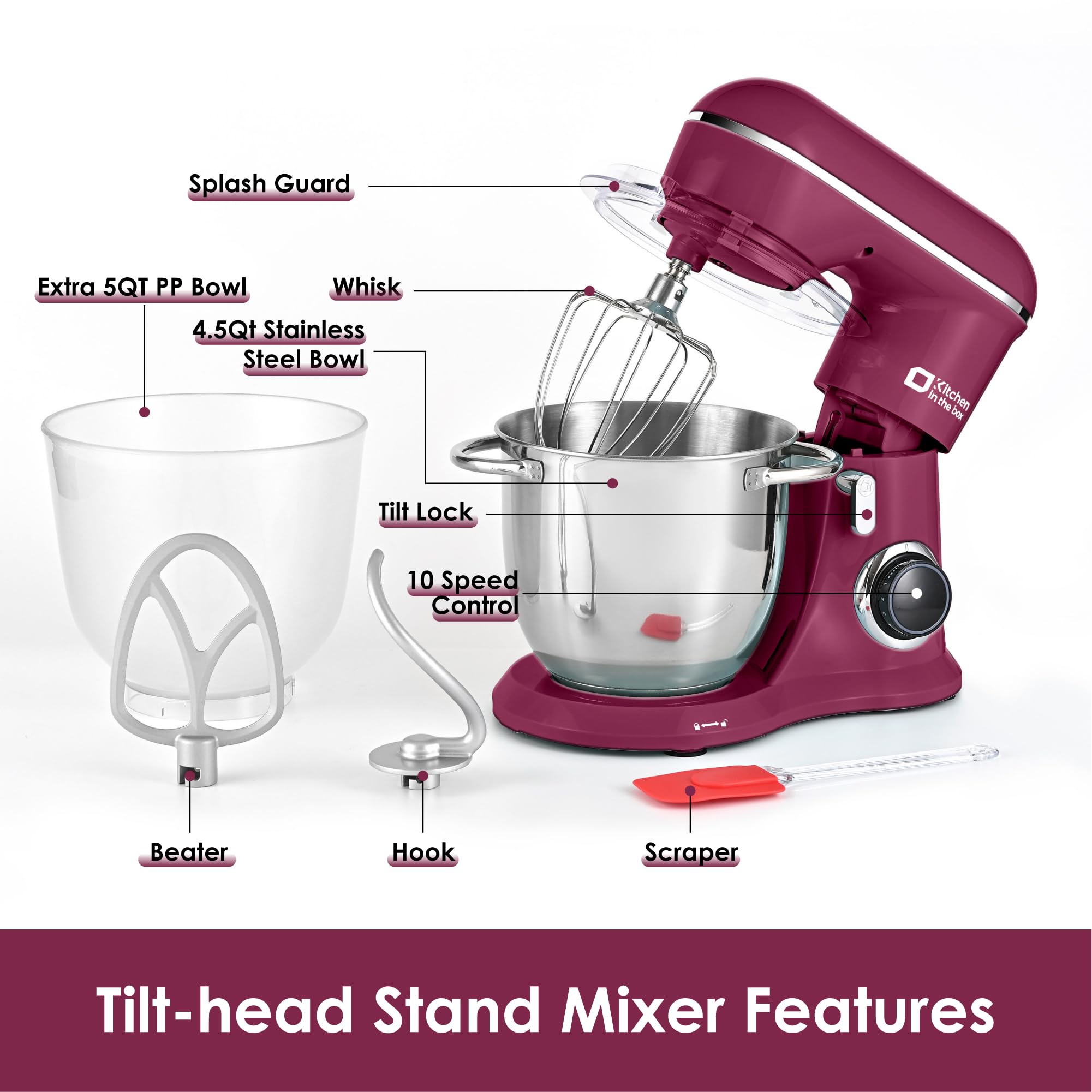 4.5QT Stand Mixer with 5QT Bowl - 10 Speed Electric Food Mixer for Baking & Cooking (Purplish Red)