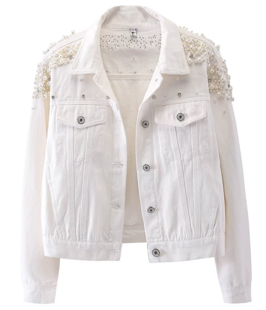 Kedera Women's Embroidered Rivet Pearl Denim Jacket - Stylish Short Jean Coat for Casual Outfits, Date Nights & Spring Layering