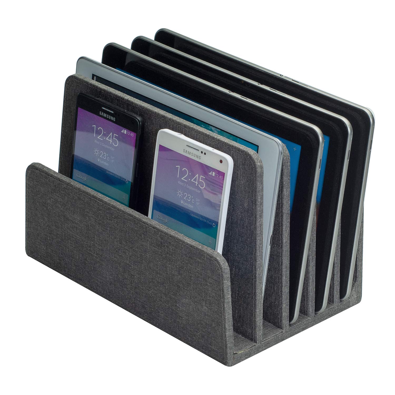 Multi Device Stand & Organizer for Smartphones, Tablets, Laptops - 5 Slots, Executive Dark Gray - Perfect for Home Office, Desk Organization & Charging Station