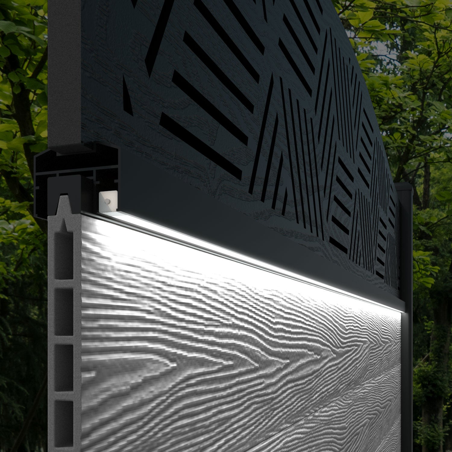 Classic Cubed Curved Top Fence Panel - Dark Oak Wood with Aluminum Posts | Privacy Fencing for Backyard, Garden & Outdoor Decor