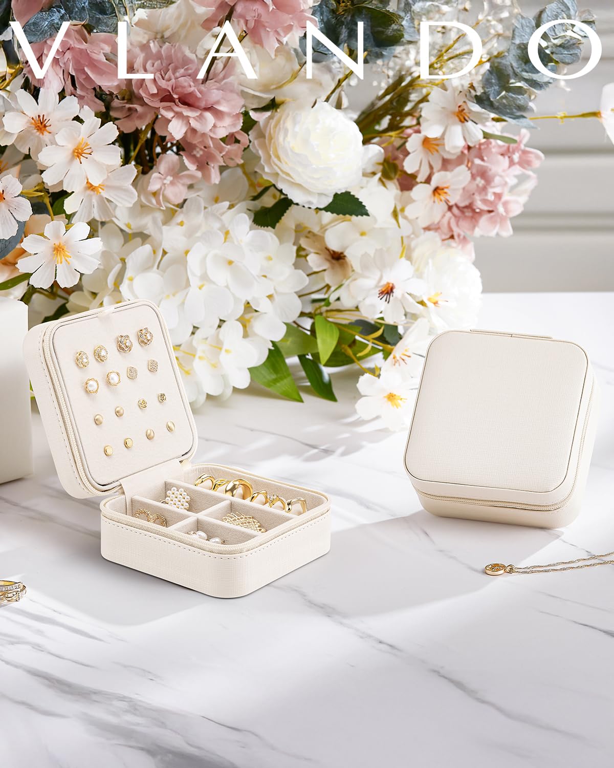Vlando Travel Jewelry Organizer Box - Compact Jewelry Case for Women & Girls, Portable Jewelry Storage for Necklaces, Rings & Earrings - Perfect for Vacation, Business Trips & Daily Use - White