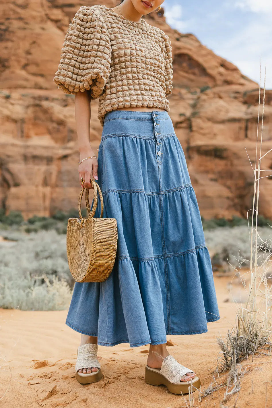 Joannie Tiered Denim Skirt for Women - Distressed Vintage High Waist A-Line Skirt | Perfect for Casual Outfits, Summer Dresses & Boho Style