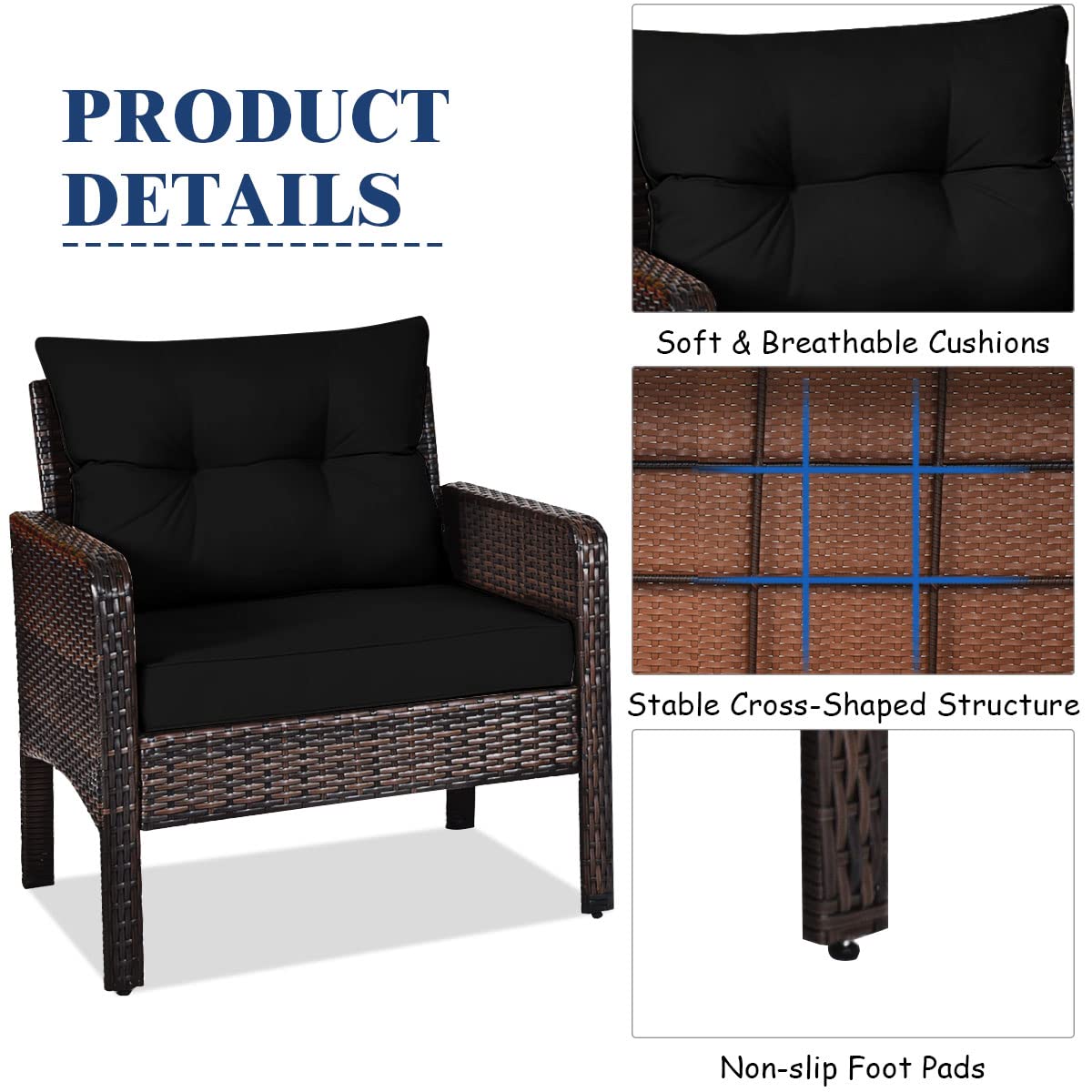 COSTWAY 3-Piece Outdoor Patio Furniture Set - All-Weather Wicker Sofa with Cushions & Coffee Table - Rattan Conversation Set for Garden, Balcony, Backyard, Poolside - Perfect for Relaxing, Entertaining & Outdoor Lounging (Black)