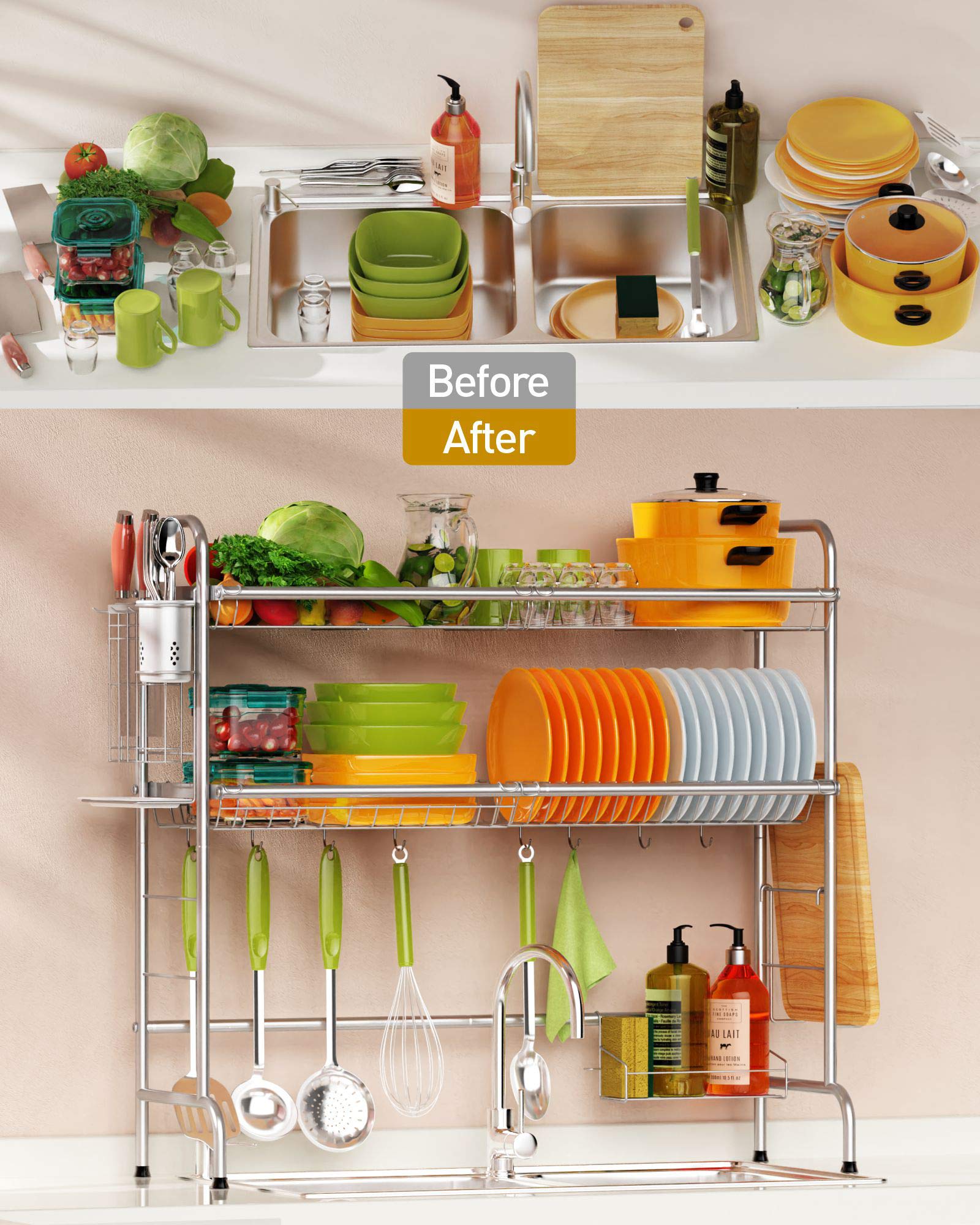 2-Tier Stainless Steel Over The Sink Dish Drying Rack with Utensil Holder Hooks - Large Kitchen Organizer & Above Sink Dish Drainer (Silver) - Perfect for Small Kitchens, Apartments, and Countertop Space Saving