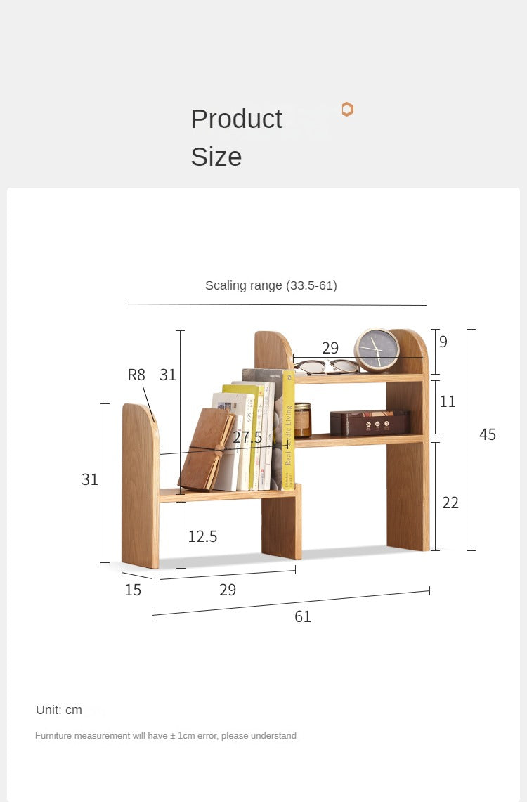 Oak Solid Wood Small Bookcase - Simple Study & Telescopic Organizing Shelf - Nordic Style Home Office & Living Room Storage Solution