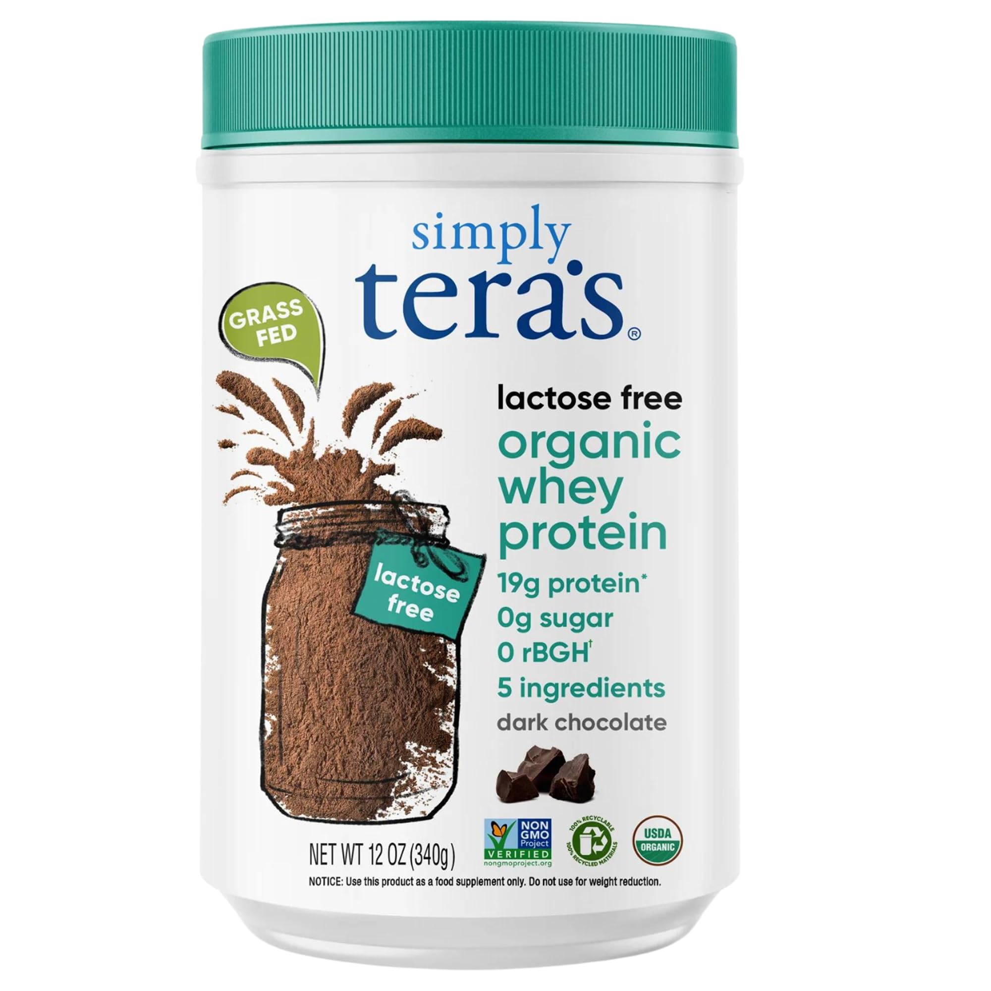 Simply Tera's Lactose Free Whey Protein Powder - Dark Chocolate Flavor | Non-GMO, Organic, 12 Oz | Ideal for Post-Workout Recovery & Lactose Intolerant Fitness Enthusiasts