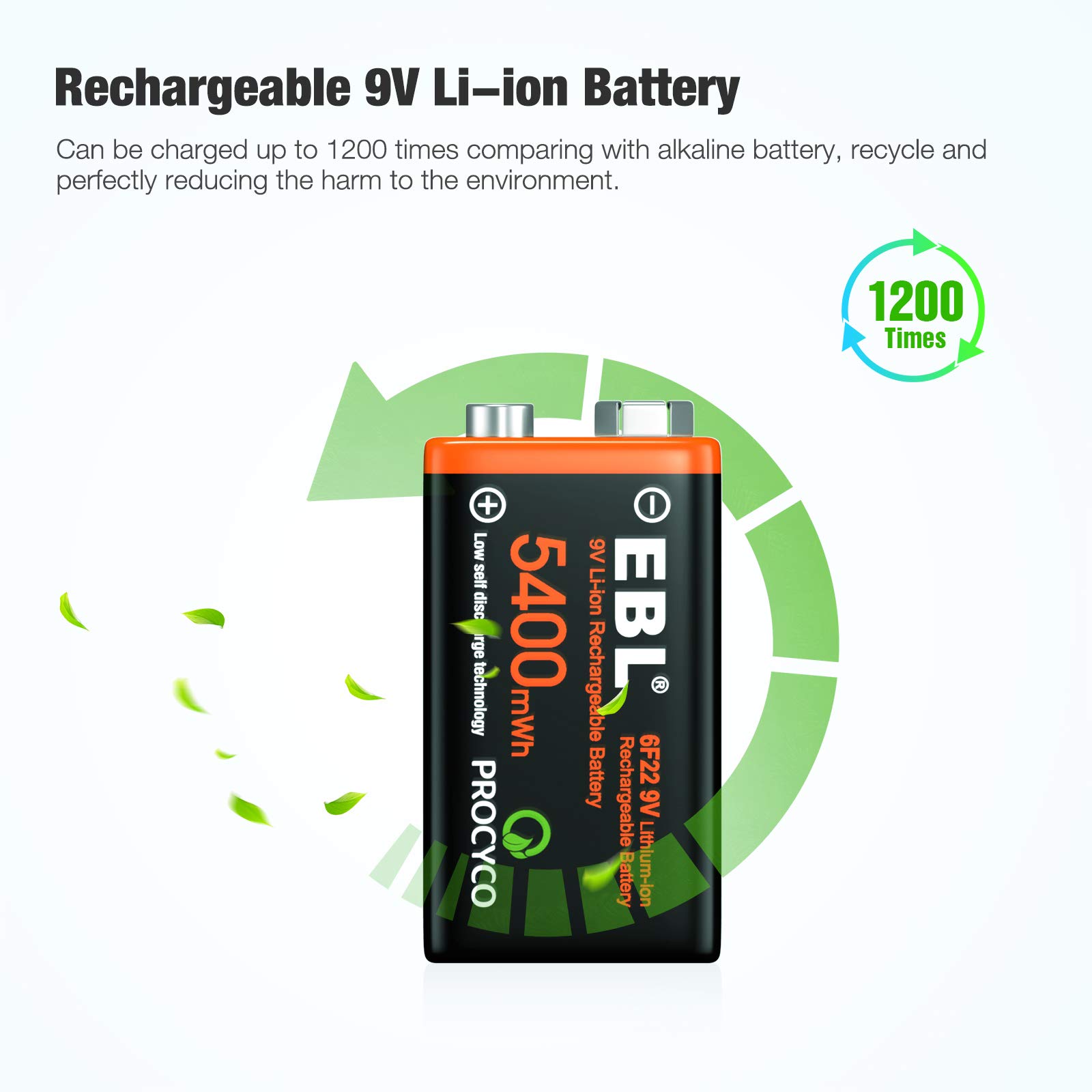 EBL USB Rechargeable 9V Lithium Ion Batteries (4 Pack) - 5400mWh High Capacity Long Lasting 9 Volt Batteries with Micro USB Charging Cable - Perfect for Guitar Pedals, Smoke Detectors, and Electronic Devices