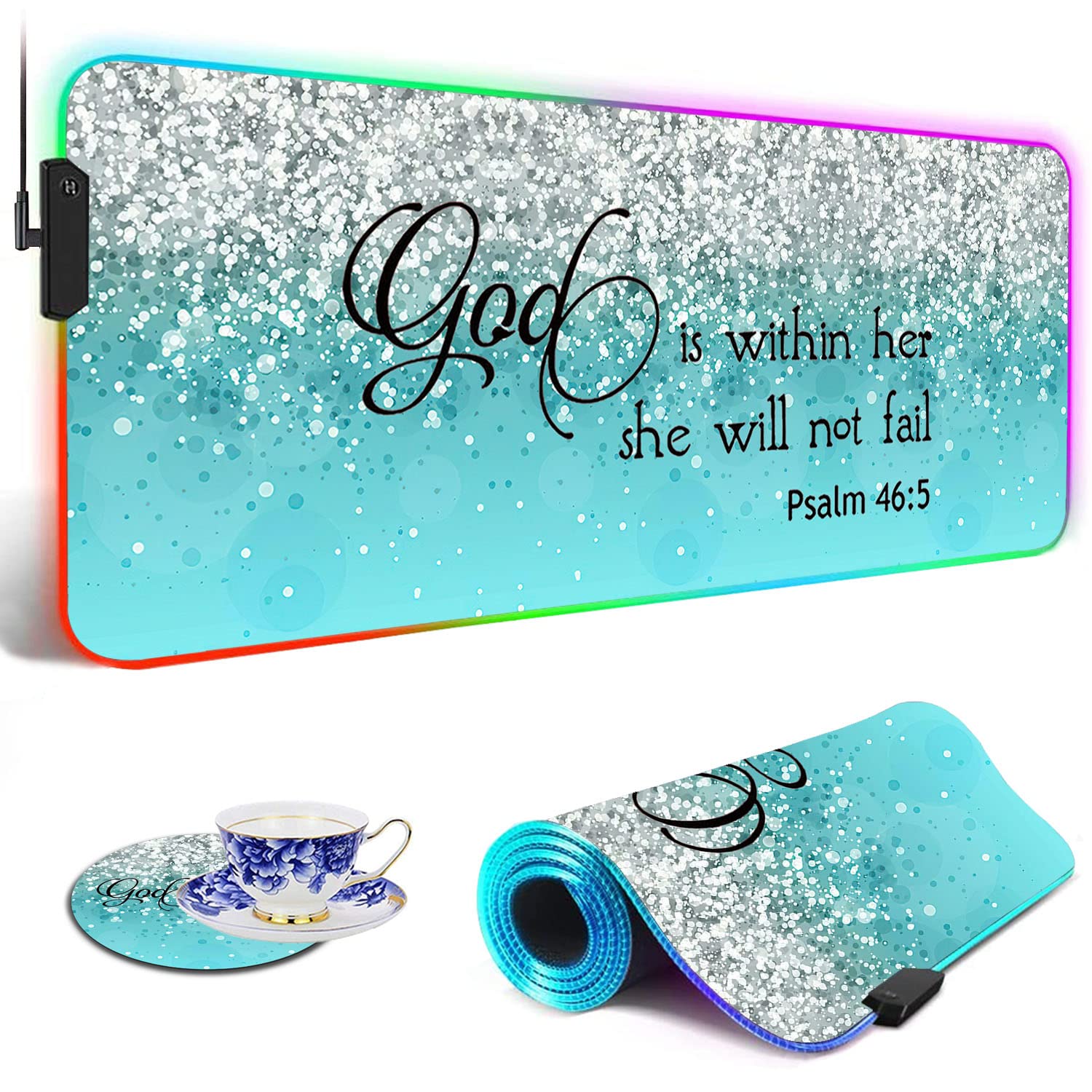 RGB Gaming Mouse Pad Large - LED Light Up Desk Mat with Optical Waterproof Surface - Extra Large Keyboard Mouse Pad for PC Gaming Setup - Perfect for Gamers & Office Work - Inspirational Psalm 46:5 Design in Blue - Ideal for Esports, Streaming & Home Office Workspace