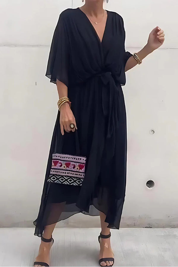Elegant Solid Color V-Neck Batwing Sleeve Lace-Up Asymmetrical Hem Midi Dress for Women | Party, Cocktail, Wedding & Evening Occasions