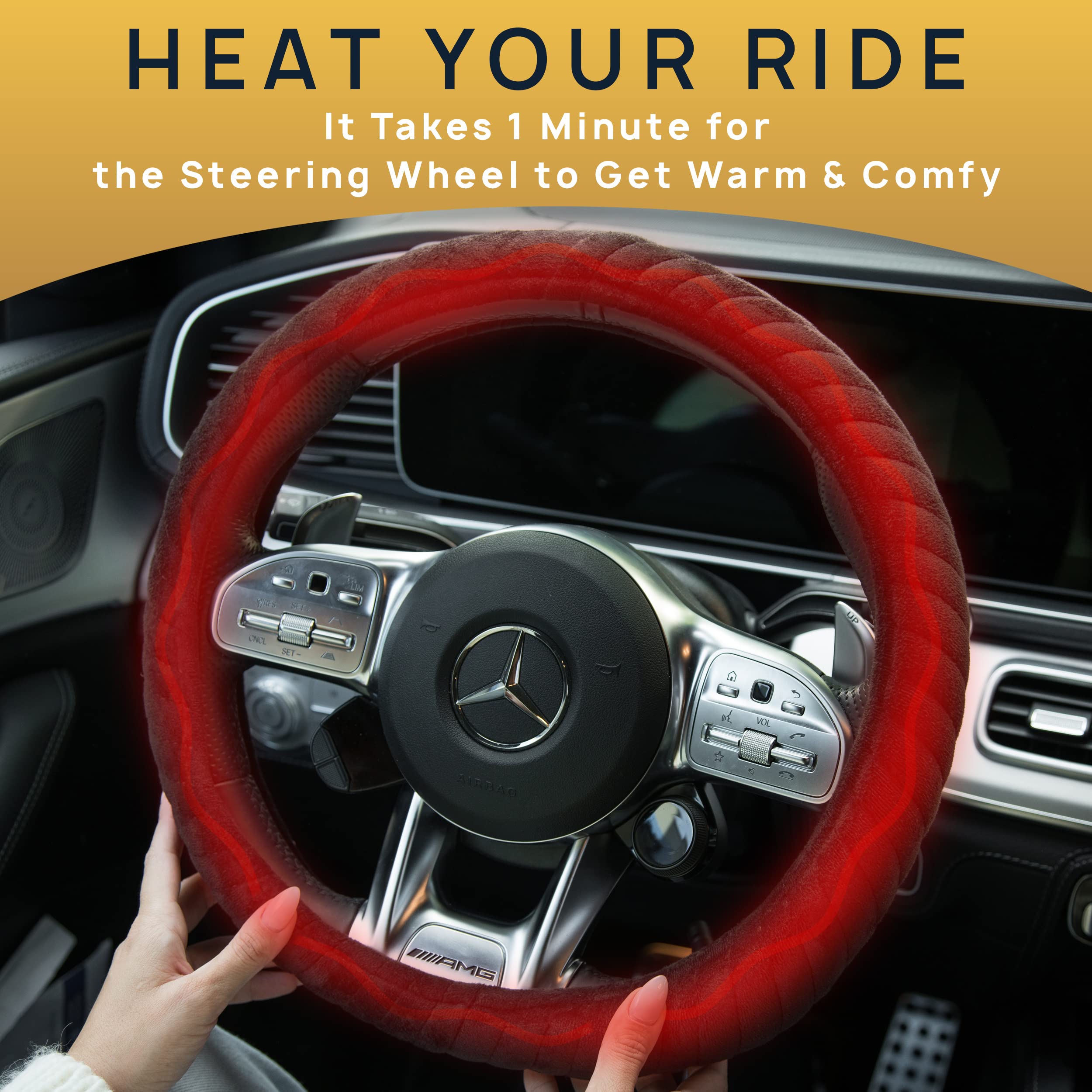 VaygWay 12V Heated Steering Wheel Cover - Premium Soft Plush Car Steering Warmer for Winter Driving, 15