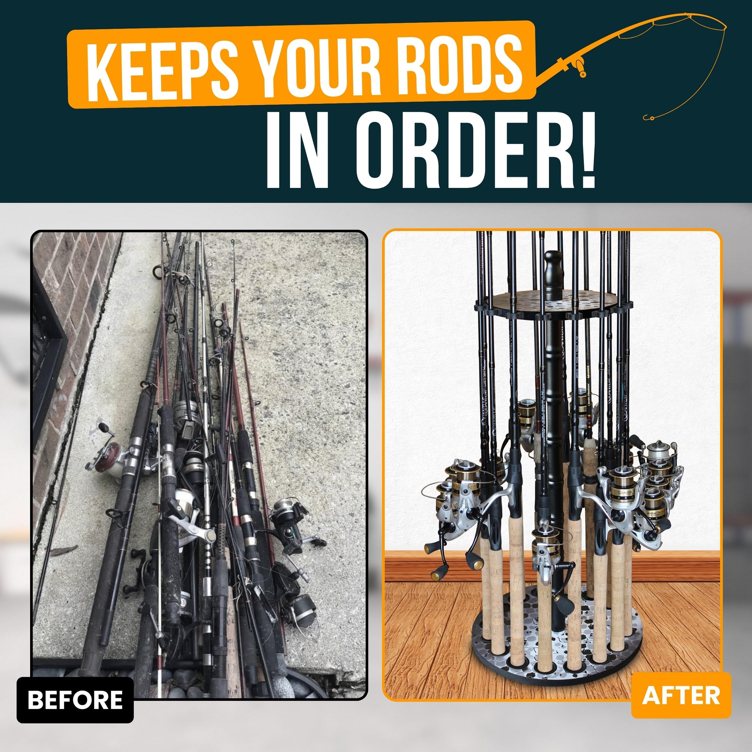 Rush Creek Creations 16-Slot Round Spinning Rod Holder for Fishing Poles, Gear & Accessories - Garage Storage Organizer for Anglers | Perfect for Boat, Garage & Tackle Room Organization
