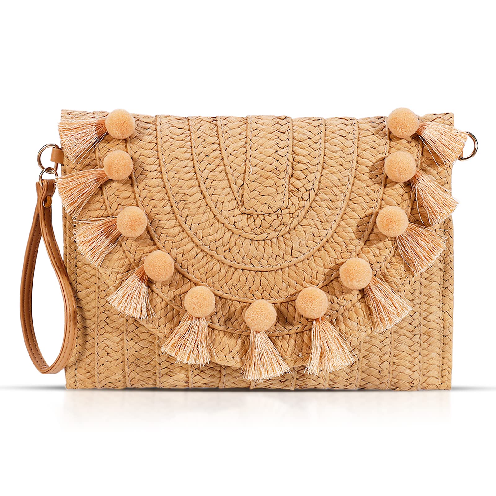 Bohemian Woven Straw Crossbody Bag for Women - Handmade Summer Beach Purse with Tassels & Envelope Wallet (Khaki) | Perfect for Vacation, Outdoor Music Festivals & Casual Day Out