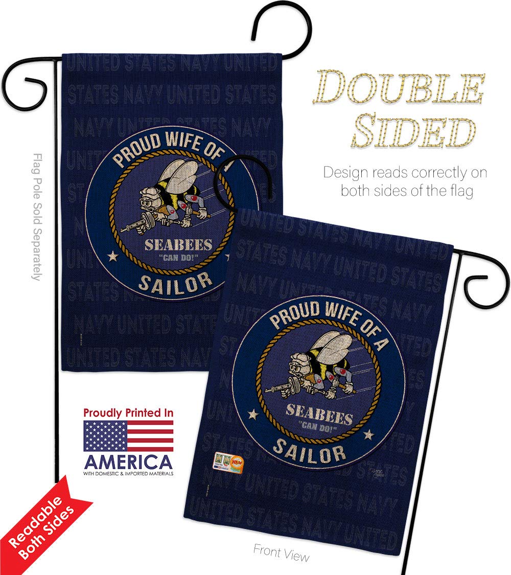 Double-Sided USA Made Seabees Navy Garden Flag Kit - 28x40 Inch Armed Forces Military Veteran Yard Banner, Proud Wife Sailor Burlap House Flag, USN Seabee Retiree Official Small Gift - Perfect for Patriotic Home Decor, Front Yard Display & Military Appreciation Events