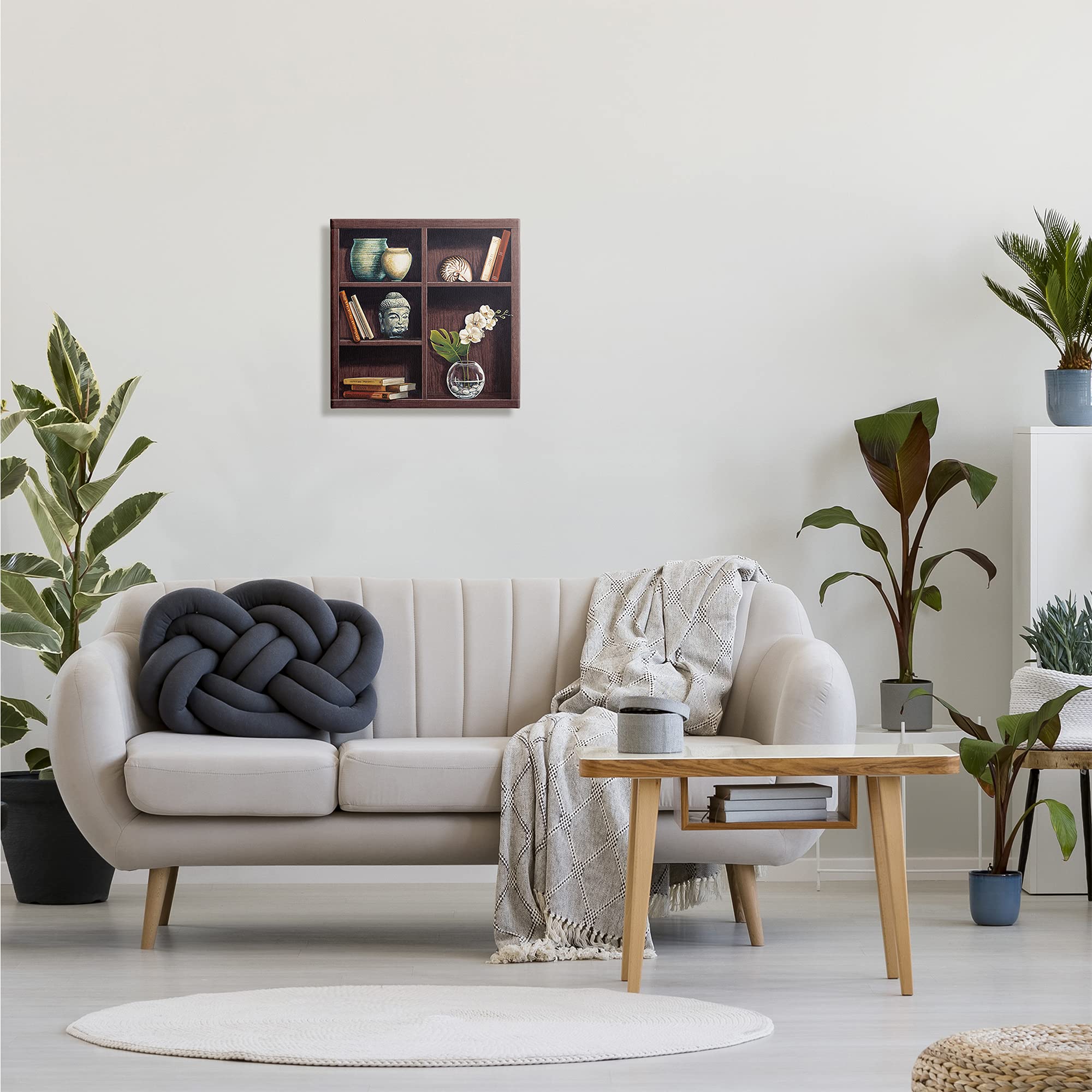 Stupell Industries Eastern Culture Inspired Bookshelf with Floral Vase Still-Life Canvas Wall Art - Brown | Designed by Isabella Rossetti | Perfect for Living Room, Bedroom & Office Decor