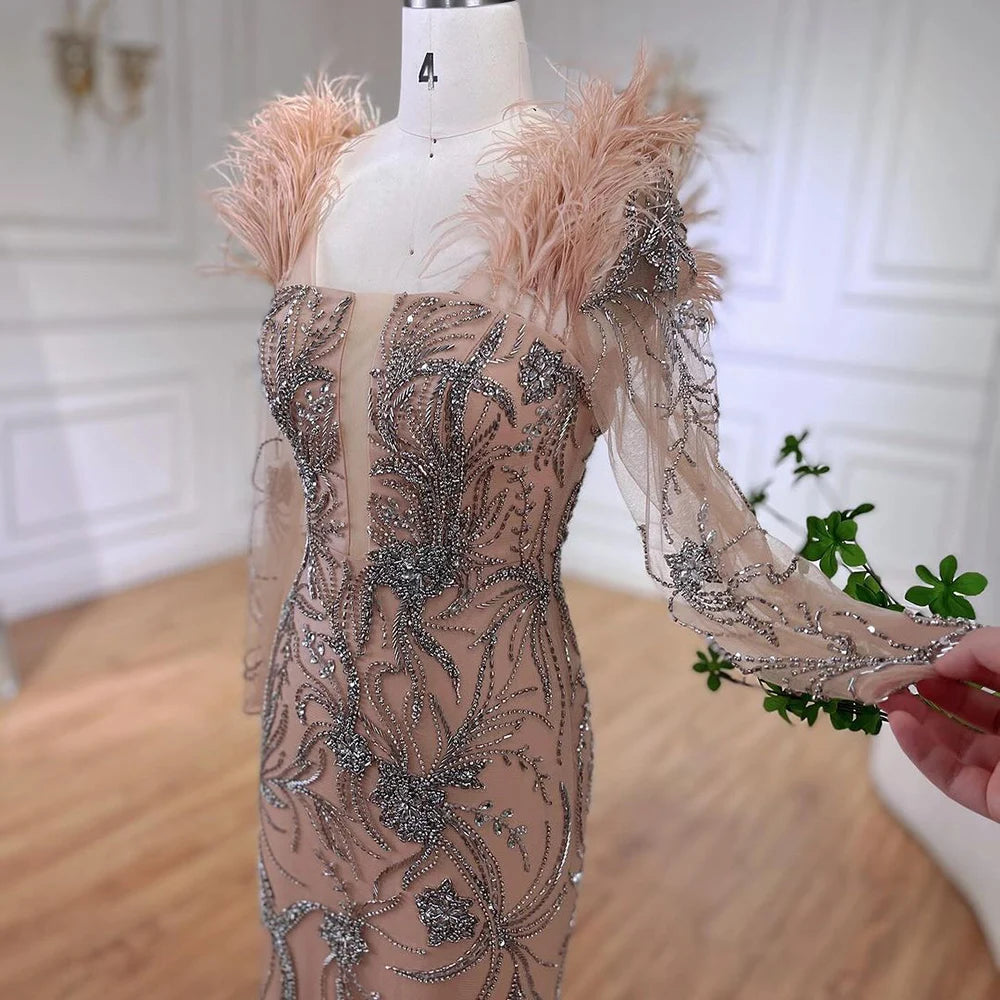 Luxury Dubai Nude One Shoulder Beaded Feather Mermaid Evening Dress for Women - Elegant Wedding Party Gown LA72508 | Perfect for Red Carpet Events, Galas & Formal Occasions