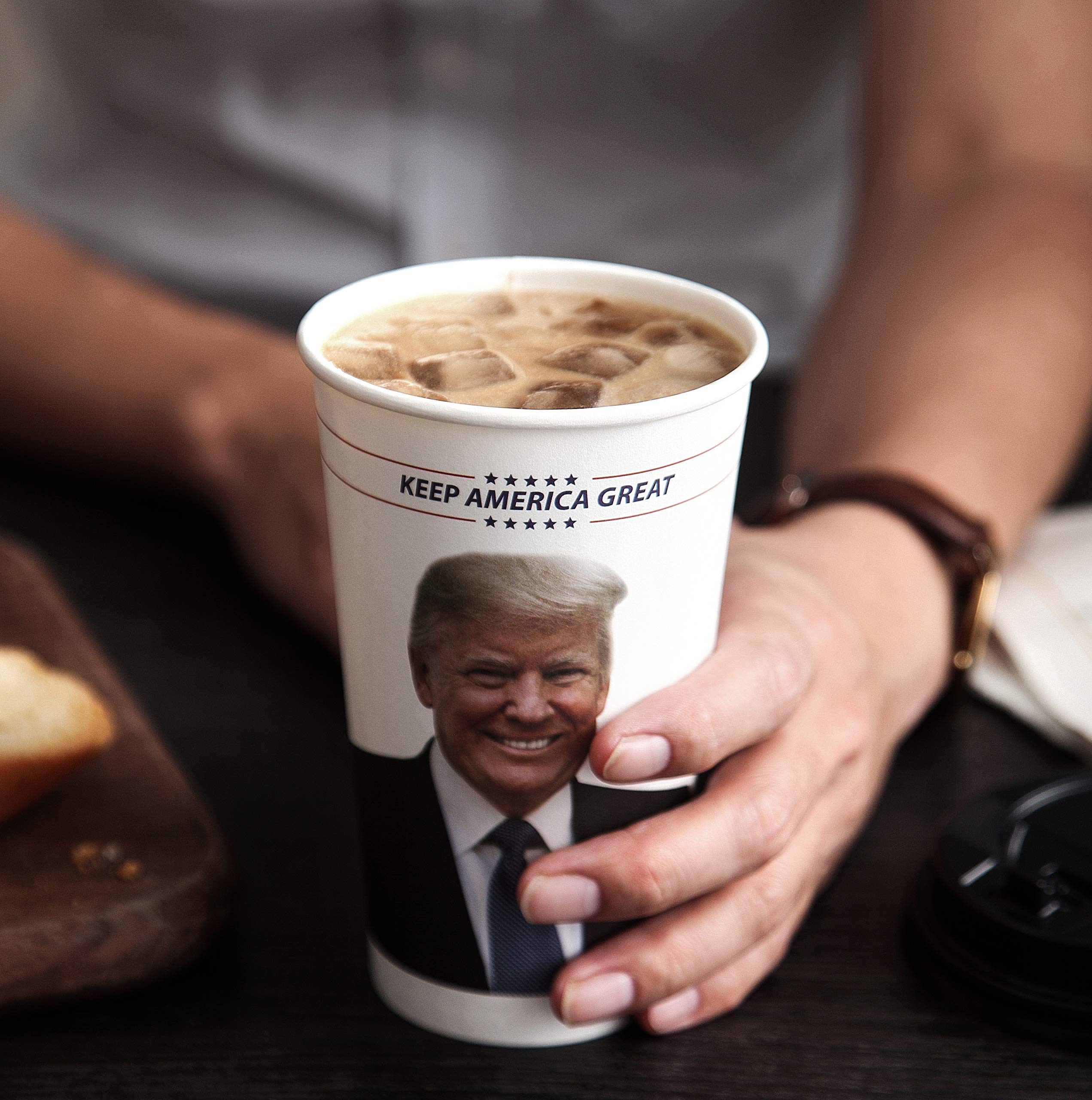 Trump Coffee Cups - 16oz Disposable Paper Travel Mugs (100-Pack) with Black Lids, Sleeves & Stirrer Straws - Perfect for Office, Cafes, Parties & On-the-Go Coffee Lovers