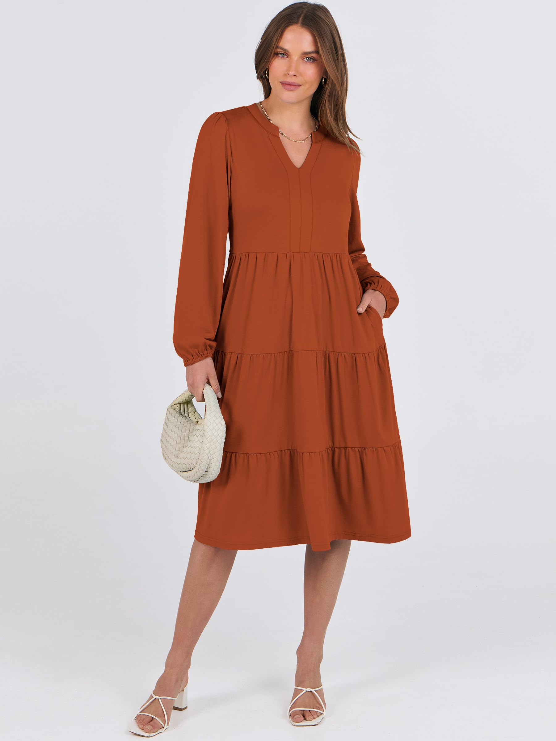 ANRABESS Women's Long Sleeve V-Neck Flowy Swing Dress - Loose Fit Tiered Casual Dress for Spring 2025 | Perfect for Vacation, Beach, Date Night & Everyday Wear