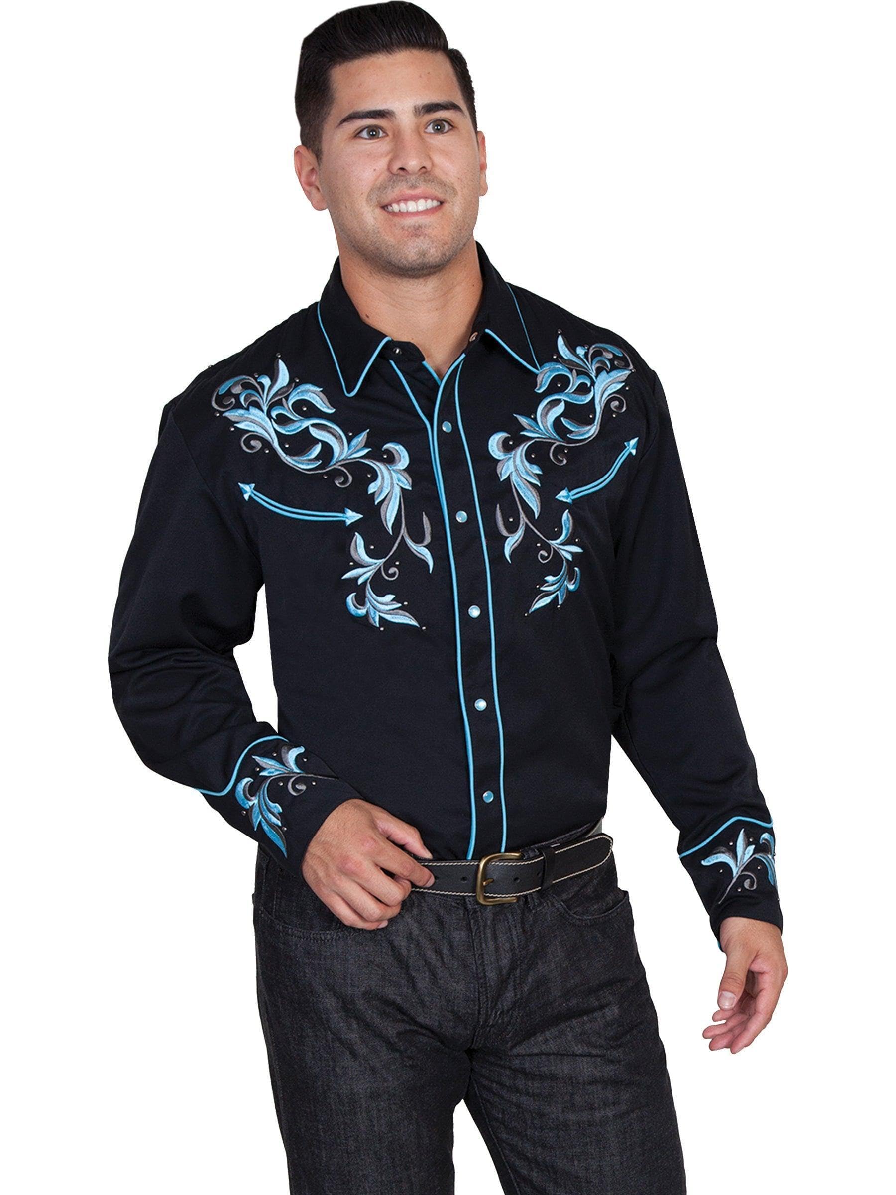 Stylish Scully Black Embroidered Men's Long Sleeve Snap Front Western Shirt P-844 | Perfect for Cowboy Rodeo, Country Music Festivals & Casual Wear
