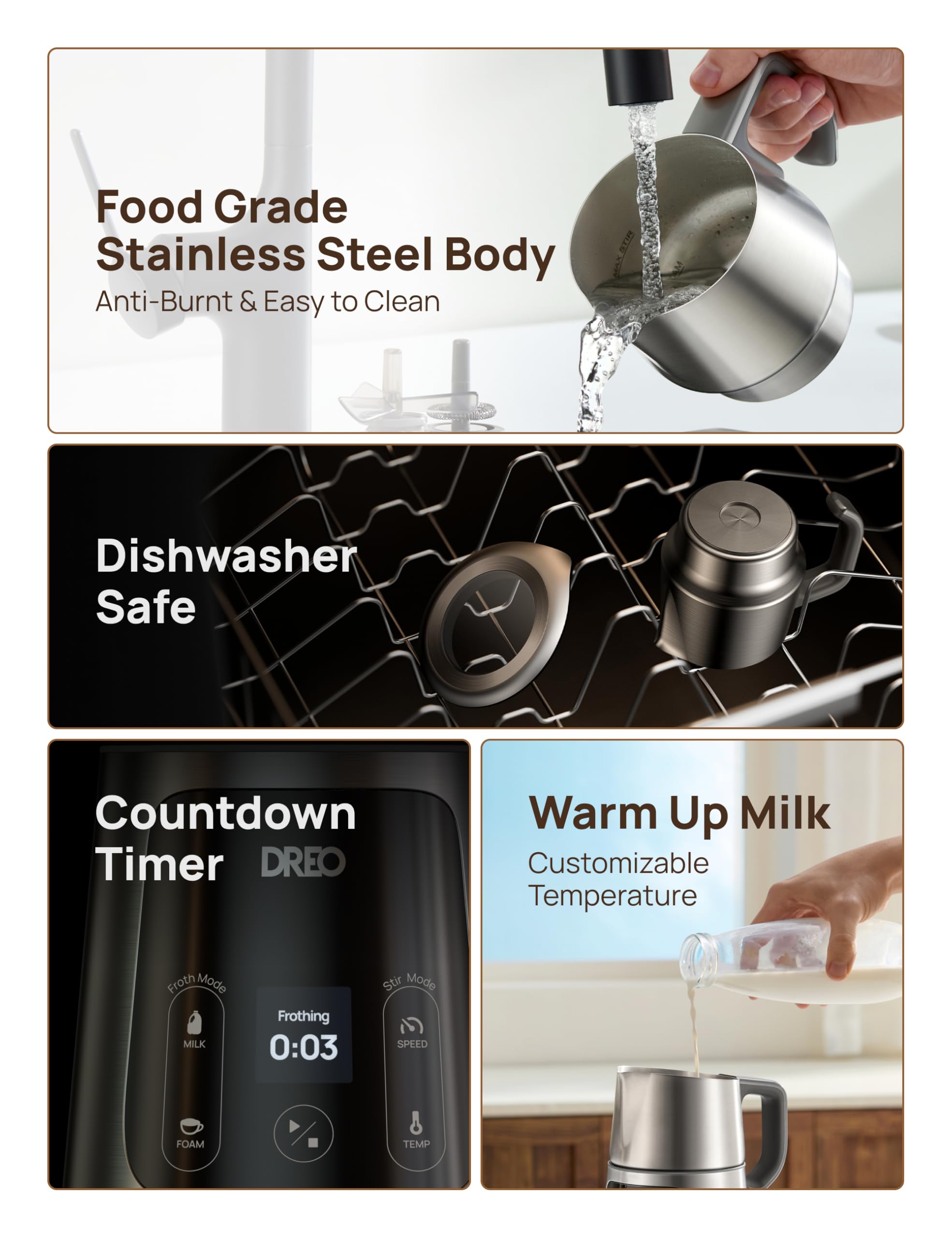 Dreo All-in-1 BaristaMaker Electric Milk Frother and Warmer - 15oz/450ml Automatic Coffee Frother for Latte Art, Cappuccino, Hot Chocolate - Works with Dairy & Plant-Based Milk - Dishwasher Safe - Perfect for Home Baristas, Coffee Shops & Office Use