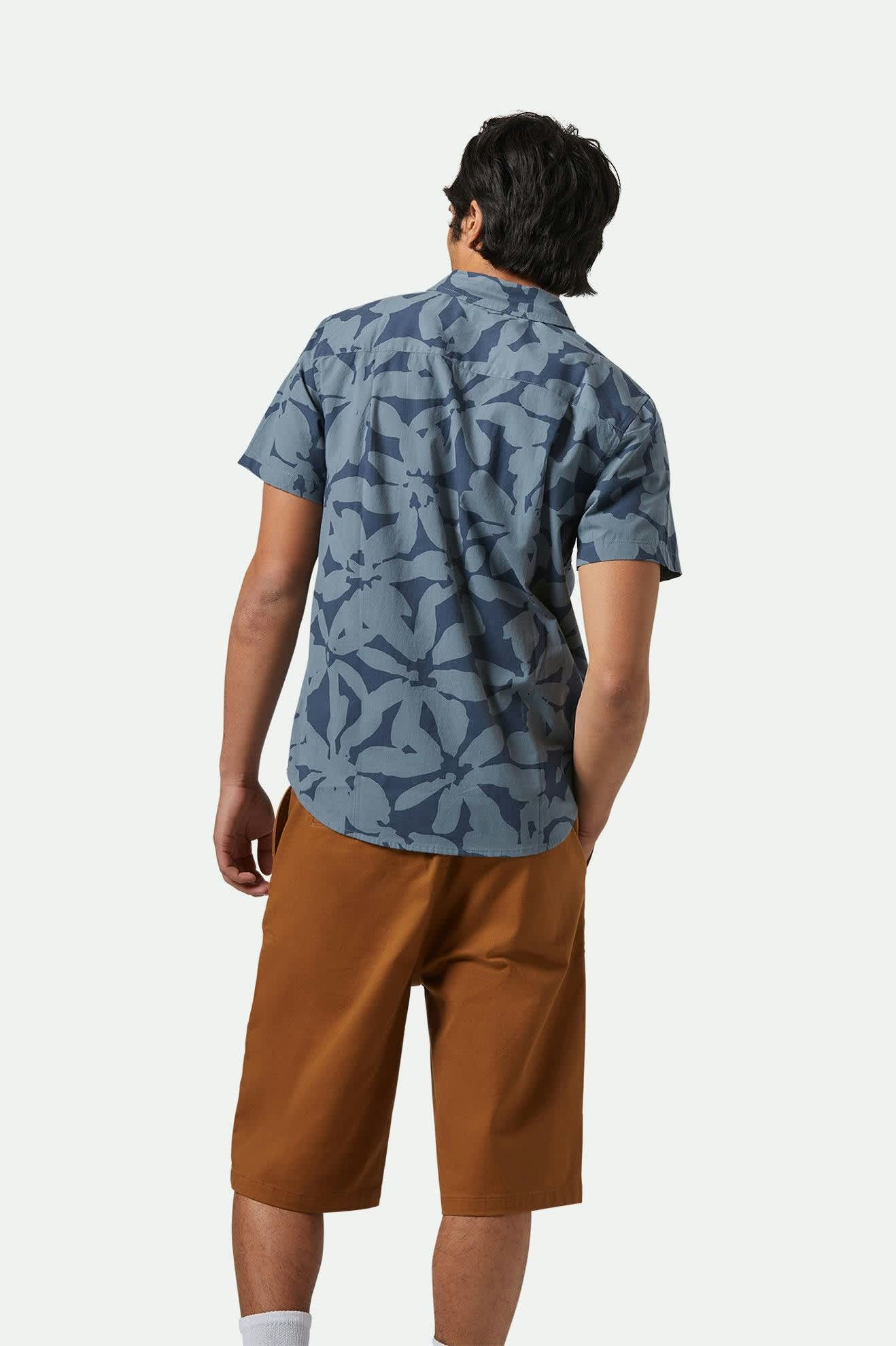 Floral Print Short Sleeve Shirt for Men - Washed Navy & Azure Blue - Casual Summer Wear, Beach Outfit, and Outdoor Activities