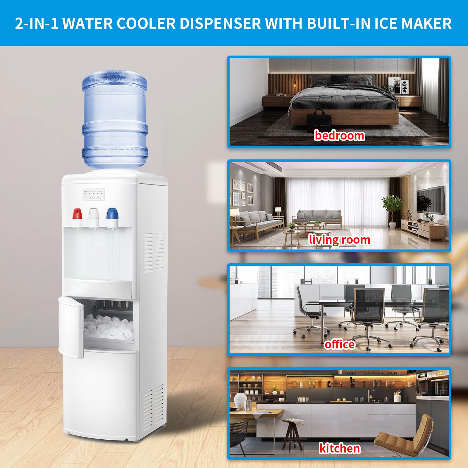 Antarctic Star 2-in-1 Freestanding Water Cooler Dispenser with Ice Maker - Hot & Cold Top Loading Water Dispenser for Home/Office - Compatible with 2/3/5 Gallon Bottles - Child Safety Lock - White (Perfect for Kitchens, Break Rooms & Outdoor Events)