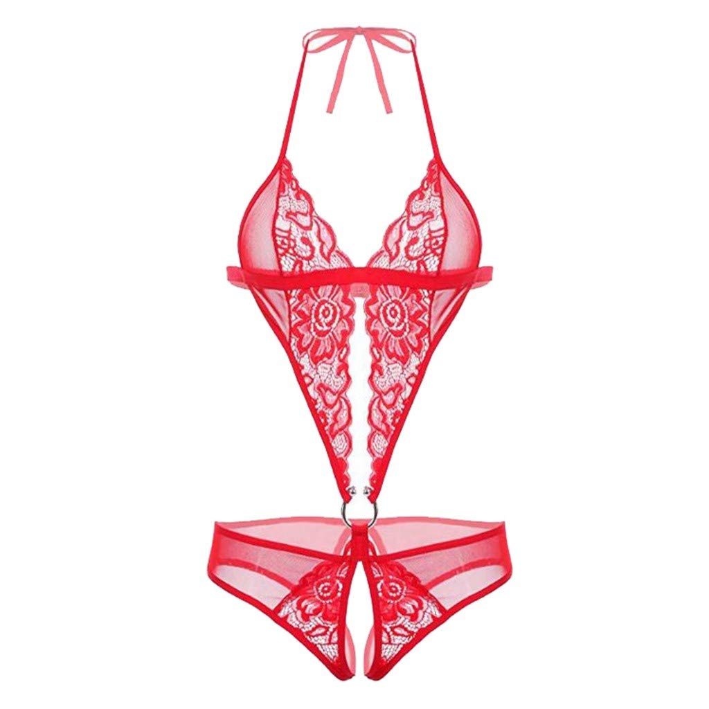 Sexy Women's Lingerie Set - Deep V-Neck Halter Lace Bodysuit for Valentine's Day & Romantic Nights | Plus Size Lace Lounge Wear for Boudoir & Bedroom