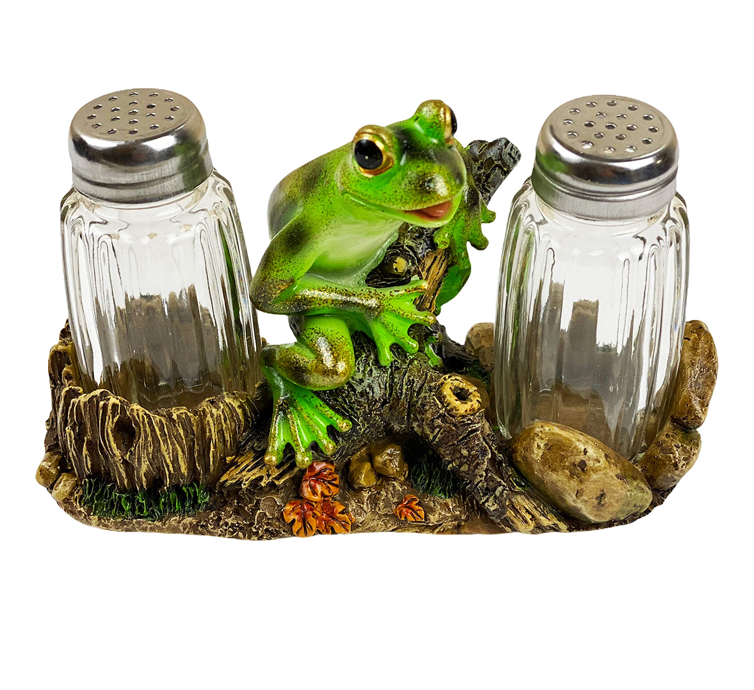 Ceramic Frog Salt and Pepper Shaker Set - Farmhouse Kitchen Decor with Glass Caddy - Cute Frog Gifts for Friends & Family - Perfect for Dinner Table, Countertop Decor, and Housewarming Parties