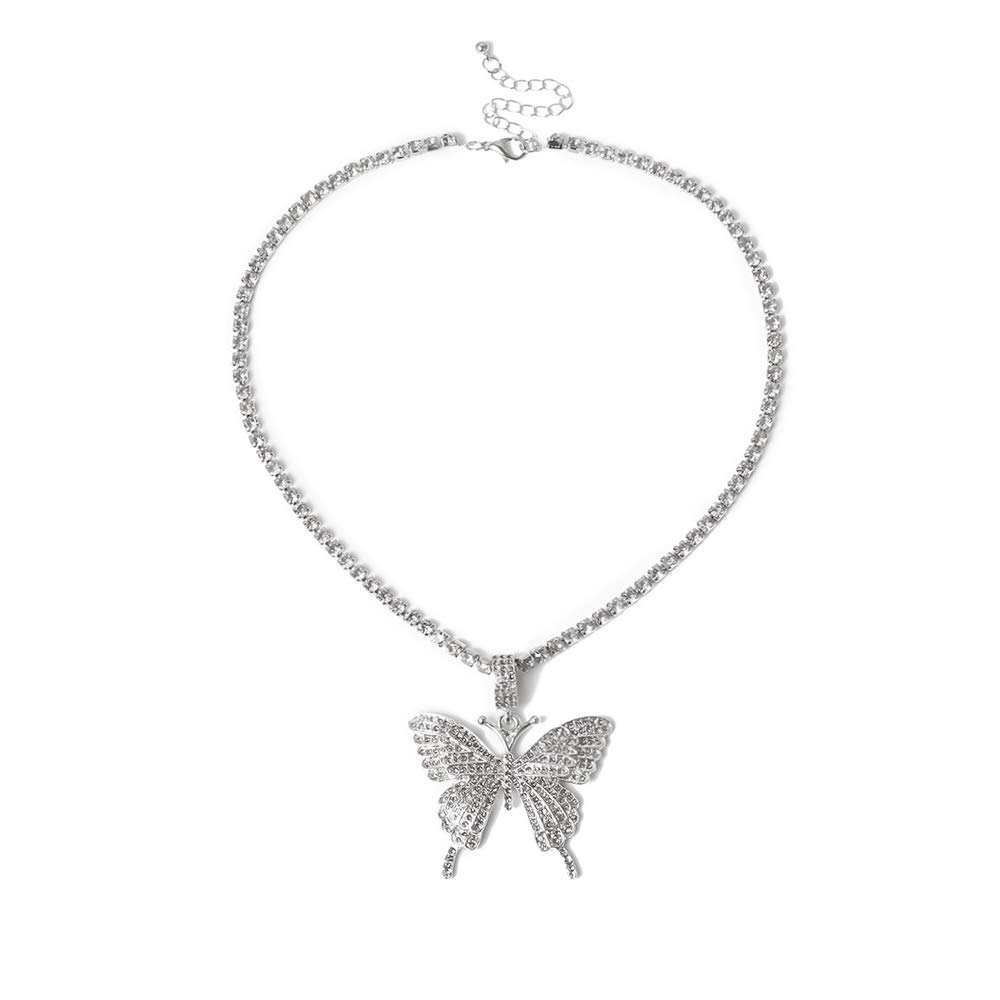 Missgrace Butterfly Rhinestone Choker Necklace - Gold & Silver Crystal Pendant Jewelry for Women, Teens, Girls - Perfect Gift for Wife, Girlfriend, Friends (Silver) | Elegant Party Wear, Prom Accessory, Valentine's Day Present
