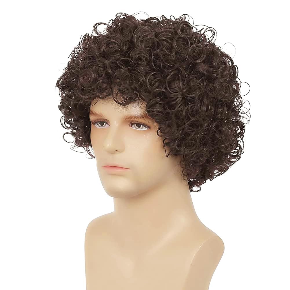 Men's Short Brown Curly Afro Wig - Fluffy Rocker Synthetic Hairpiece for Cosplay & Costume (Dark Brown) - Perfect for Halloween, Parties & Themed Events