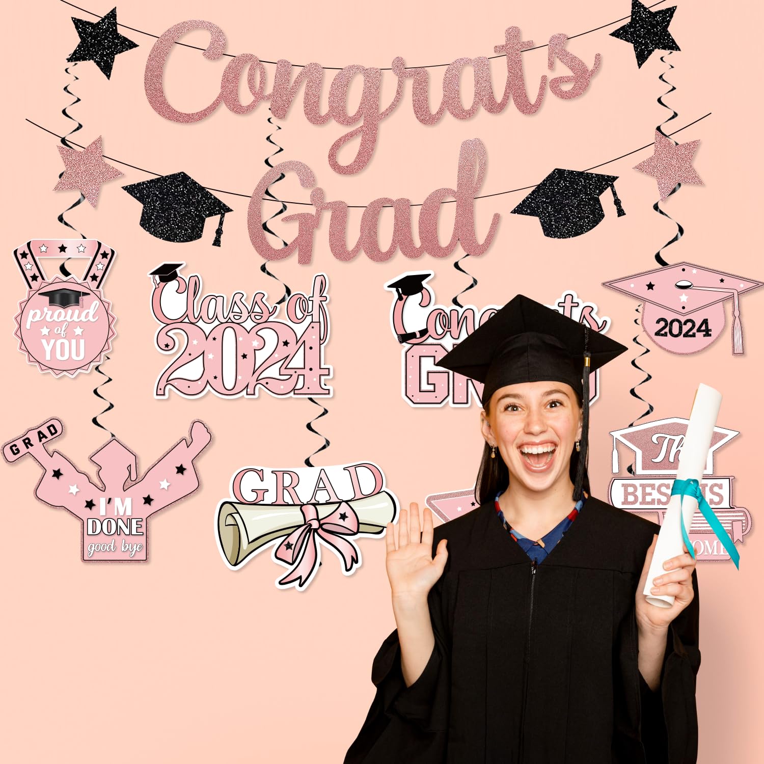 2024 Pink Graduation Party Decorations Set - 1 Large Congrats Grad Banner & 8 Hanging Swirls | Perfect for High School & College Graduation Celebrations, Graduation Ceremony Decor, and Graduation Photo Backdrops